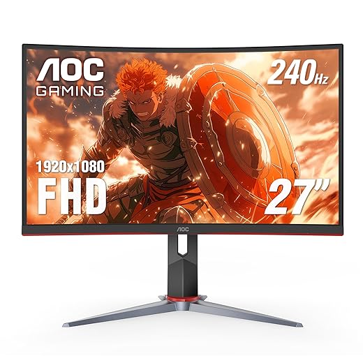 AOC C27G2Z Monitor de jogo ultra rápido sem moldura curva de 27 polegadas, FHD 1080p, 0,5 ms 240 Hz, FreeSync, HDMI/DP/VGA, altura ajustável, 3 anos de garantia de pixeis mortos
