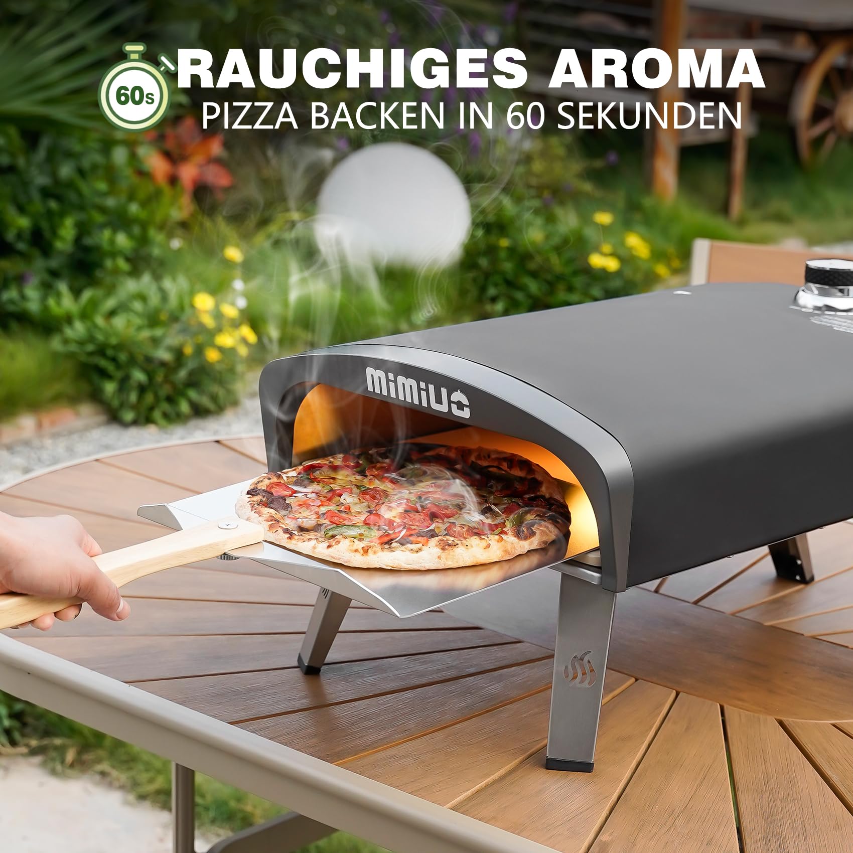 Mimiuo Gas Pizzaofen mit Pizzastein und Pizzaschaufel, mobiler Pizzaofen, Tragbar Pizza Ofen für Terrasse und Balkon, Pizzaofen für den Garten, outdoor, Gas Pizza Oven, Schwarz
