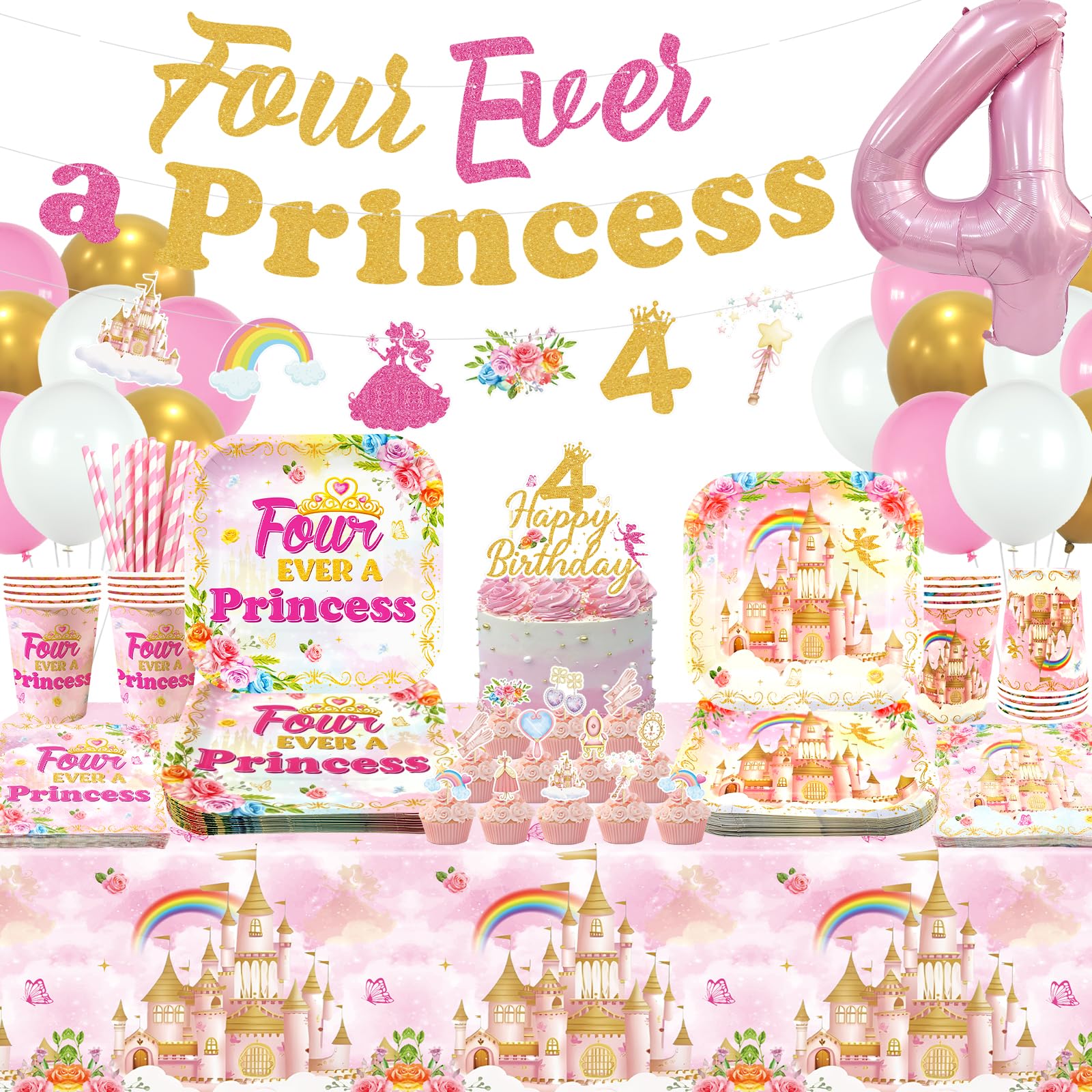Four Ever a Princess Birthday Decorations , Includes Banner, Plates,Napkins, Cake Toppers, Balloons, Tablecloths, for 4th Girl Birthday Party Supplies , Serve 20