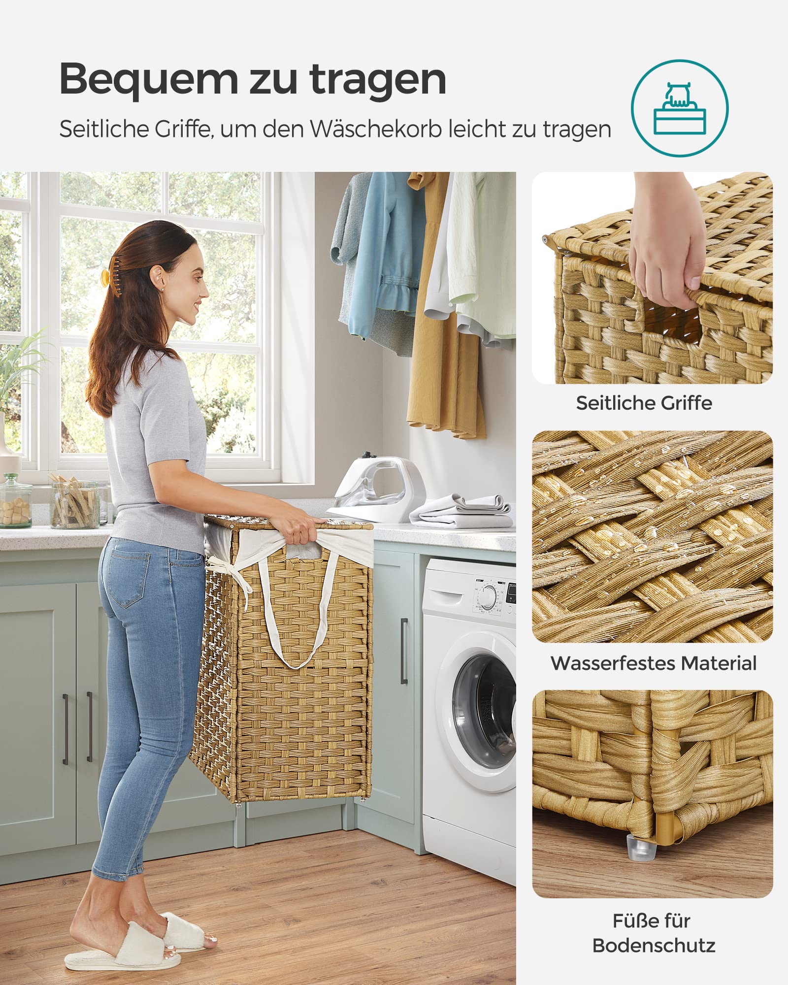 SONGMICS Wäschekorb mit Deckel, Wäschesammler 90 Liter, 2 Fächer, herausnehmbarer Wäschesack mit Griffen, handgeflochten, für Schlafzimmer, Badezimmer, 33 x 46 x 60 cm, naturfarben LCB251N01V1