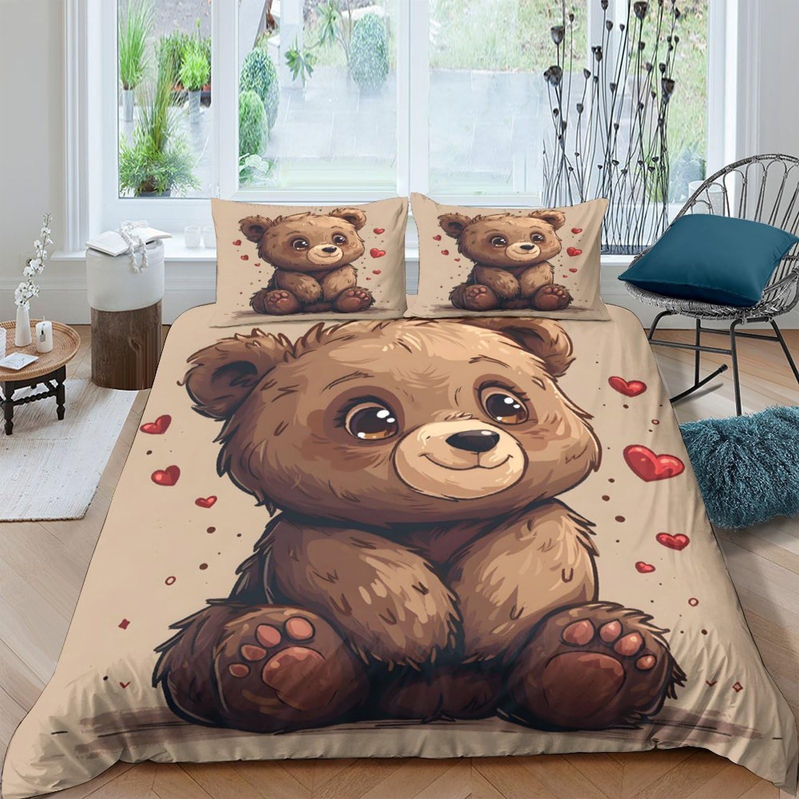 Ctjqhvkz Style-10 3D Printed Cute Bear Fitted Sheet Microfiber Bedding Decor Brown Cartoon Heart Mattress Cover For Bedroom Guest Room Single（135X200cm）