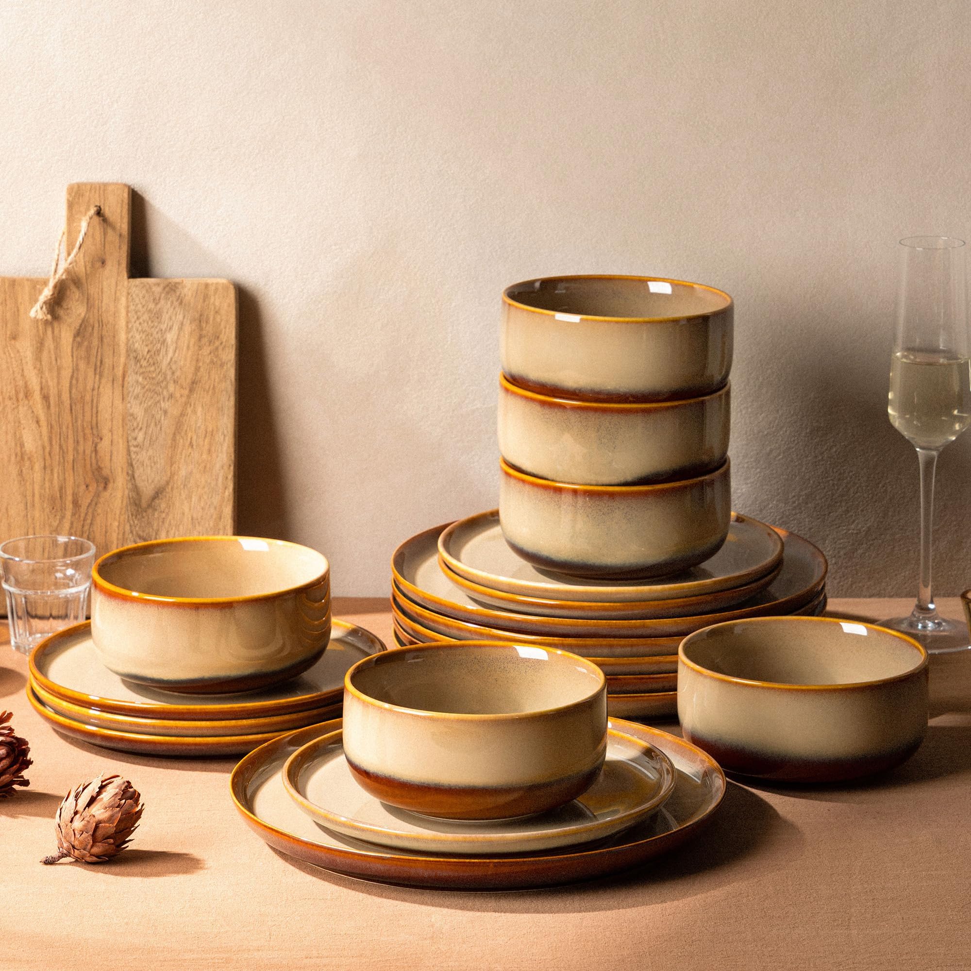 Ceramic Dinnerware Set for 6, 18-Piece Plates and Bowls Set | Handmade Reactive Glaze Dish Set, Scratch Resistant, Oven &amp; Microwave &amp; Dishwasher Safe, Creamy Amber