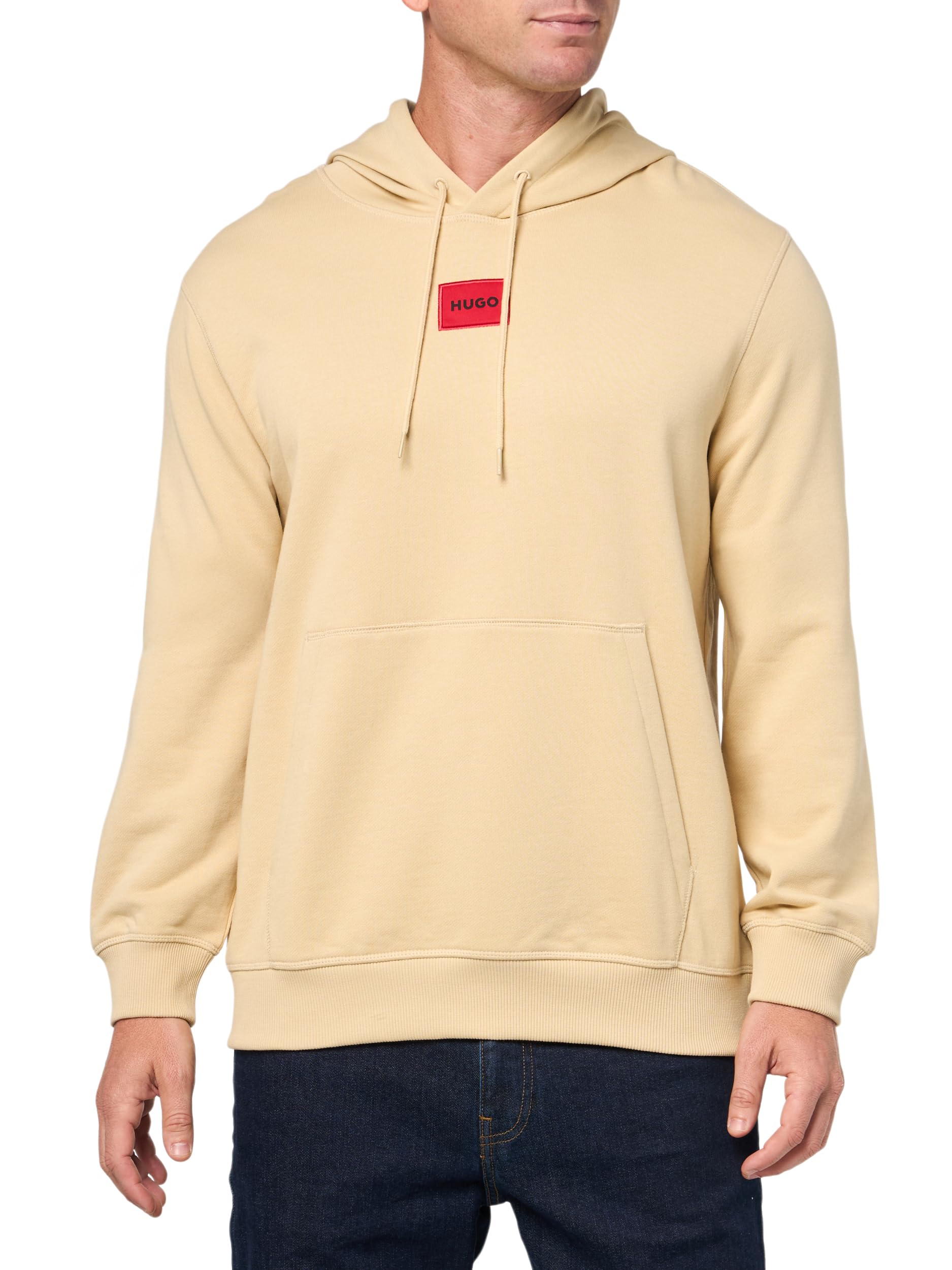 HUGO Men's Regular Fit Square Logo Jersey Hooded Sweatshirt, Mojave Dessert, L