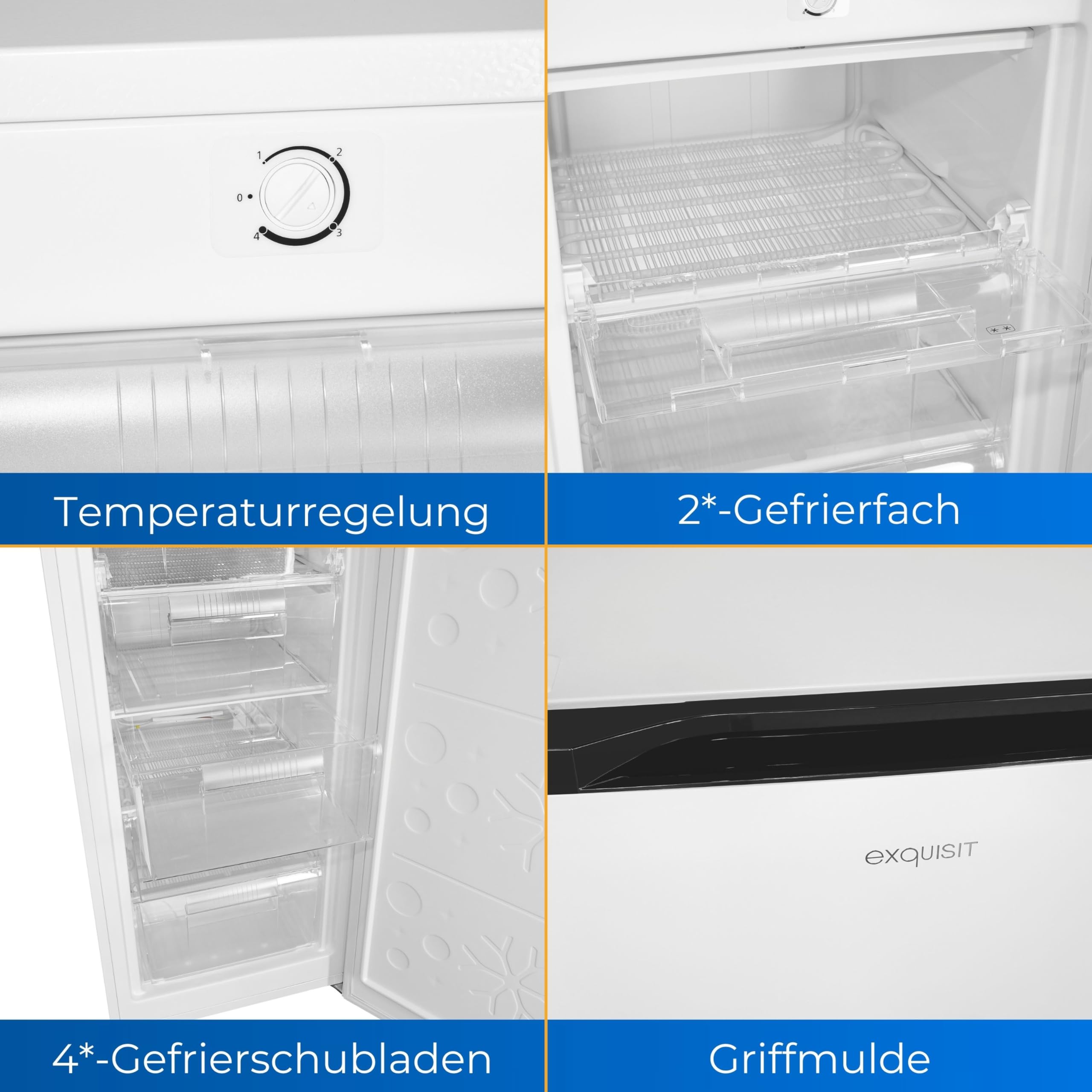 Exquisit GS145-051D Gefrierschrank Weiss - 145 L Standgerät 55 cm Breit | 4-Sterne Tiefkühlschrank mit wechselbarem Türanschlag, Temperaturregelung und 145 Liter Nutzinhalt für jede Küche