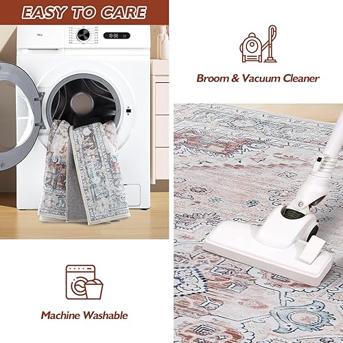 Miniatura 6 de Topllen Alfombra vintage ultrafina de 8 x 10 pies, alfombra grande para sala de estar, terciopelo suave, resistente a las manchas, lavable, tapete