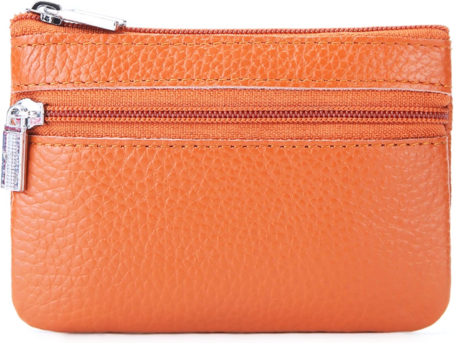 Leather Cowhide Wallet, Orange Genuine Zipper Coin Purse