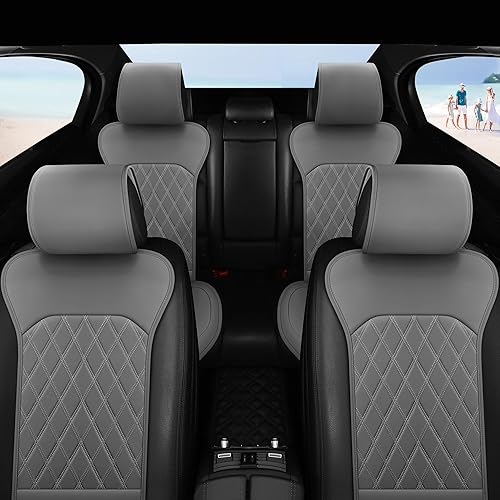 Miniatura 9 de Sanwom Fundas de asiento delantero de automóvil, fundas de asiento de cuero con bolsillo de almacenamiento y dos almohadillas para cinturón, fundas