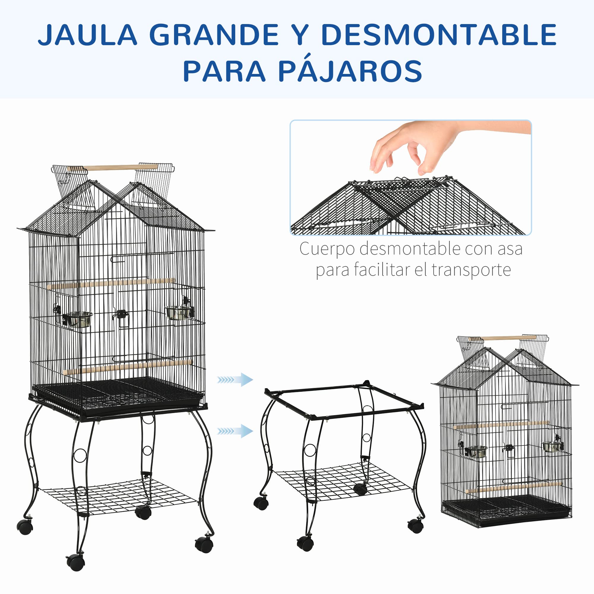 PawHut Jaula para Pájaros con 3 Puertas 2 Comederos 50x58x145 cm Negro | Pajarera Metálica, 3 Perchas, Bandeja Extraíble, Estante Abierto, 4 Ruedas, para Canarios Periquitos