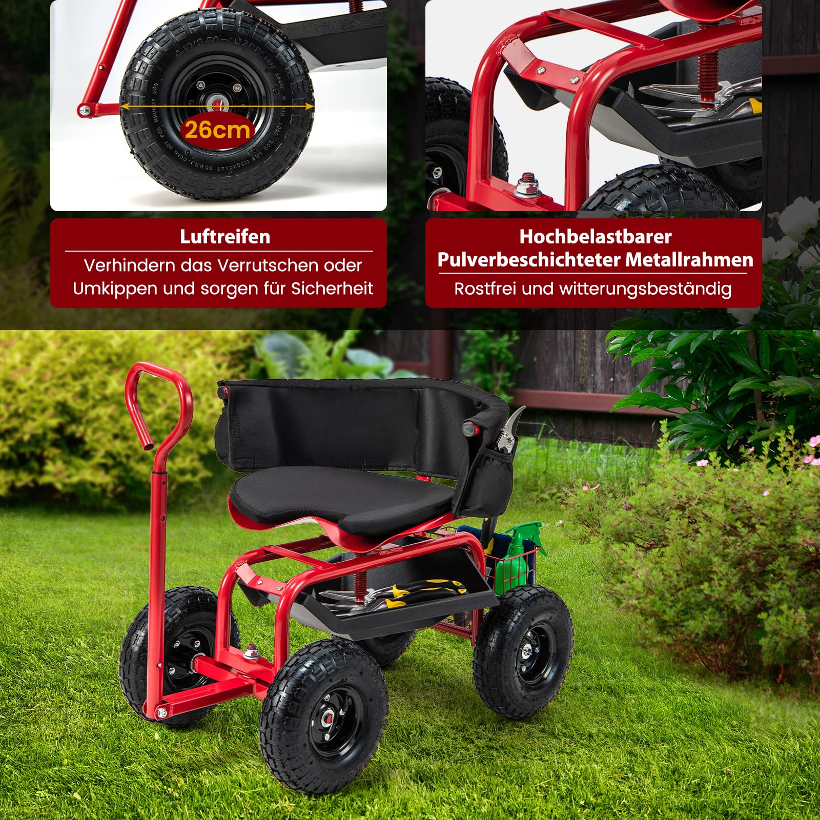 RELAX4LIFE Rollsitz, Fahrbarer Werkstattwagen mit Verstellbarem Drehsitz & Griff, Gartensitz mit Rückenlehne & Abnehmbarem Sitzkissen, Werkzeugwagen mit Ablage & Korb & Tasche (Rot+Schwarz)