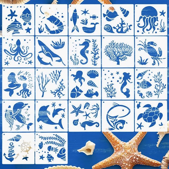 22 PCS Ocean Stencils, Sea Theme Painting Templates, Reusable Sea Animal Painting Stencils for DIY Crafts Scrapbooking Painting