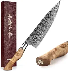 HEZHEN Faca de chef profissional de aço damasco 21 cm, faca de cozinha VG10 Gyuto da série Master ferramenta de cozinha em casa, cabo de madeira de sicômoro com figura de restaurante