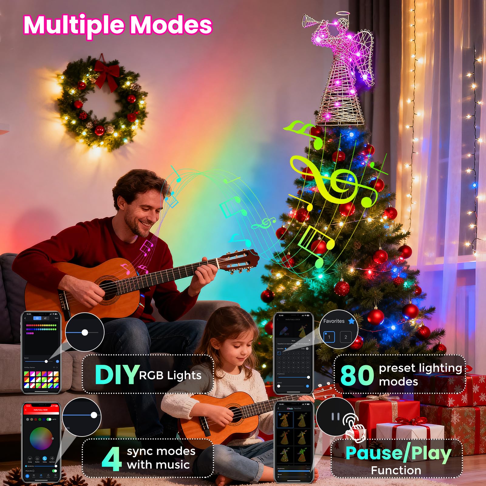 Weihnachtsbaumspitze mit goldfarbenem Glitzer und Trompete, 3D-Golddrahtrahmen, Engel mit mehrfarbigen LED-Lichtern, Smart-App-Steuerung und Musik-Synchronisation, beleuchtete Weihnachtsbaumspitze für