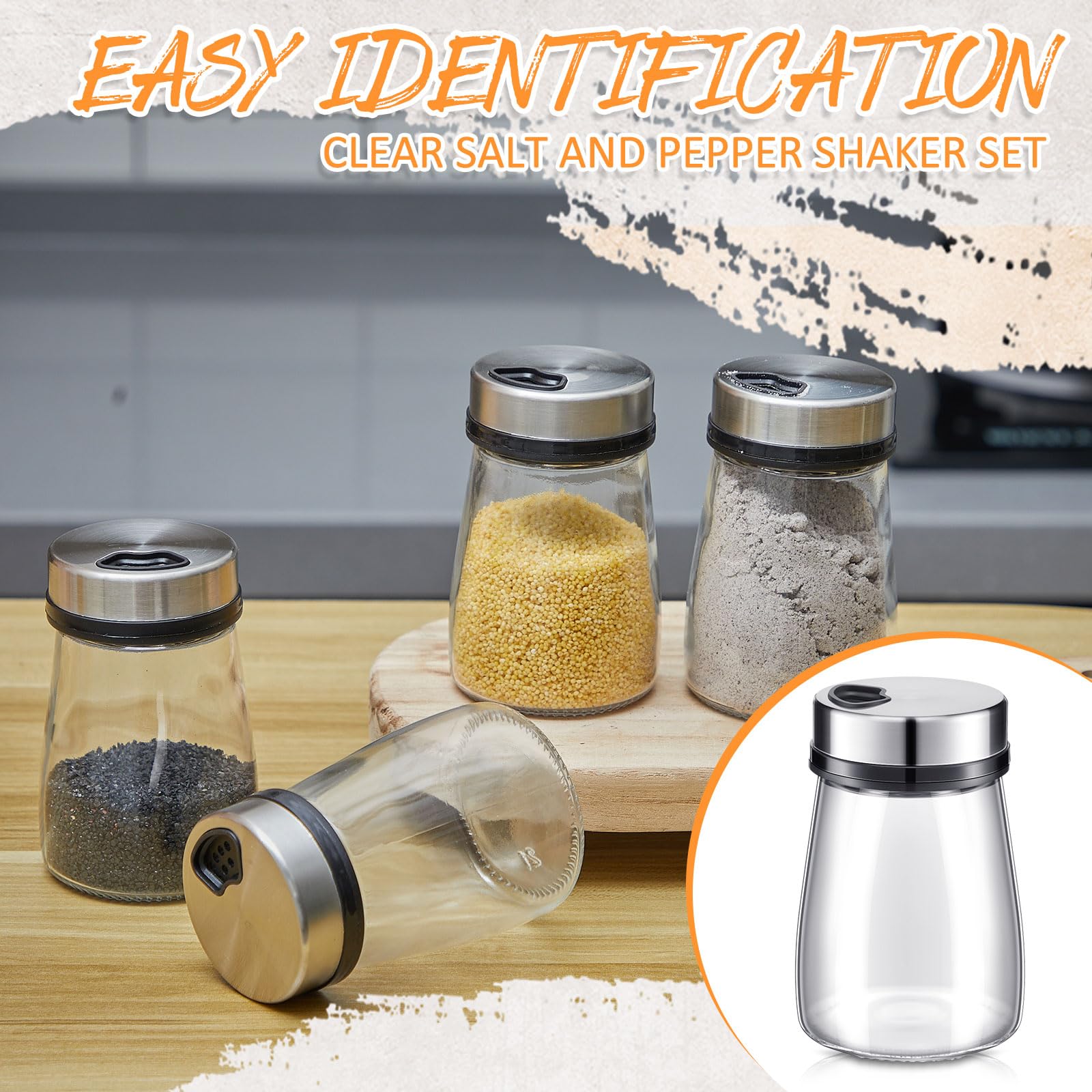 Ziliny Juego de 12 saleros y pimenteros de vidrio con agujeros ajustables para verter de acero inoxidable, dispensador de especias para cocina, camping, hogar, decoración de mesa, suministros de