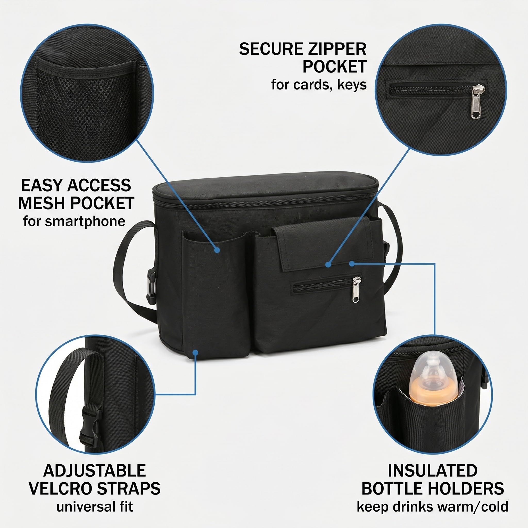 Bolsa carro bebe, bolsa universal para cochecito con compartimento con cremallera y correa ajustable para el hombro, práctica bolsa para guardar pañales, biberones y teléfonos inteligentes.