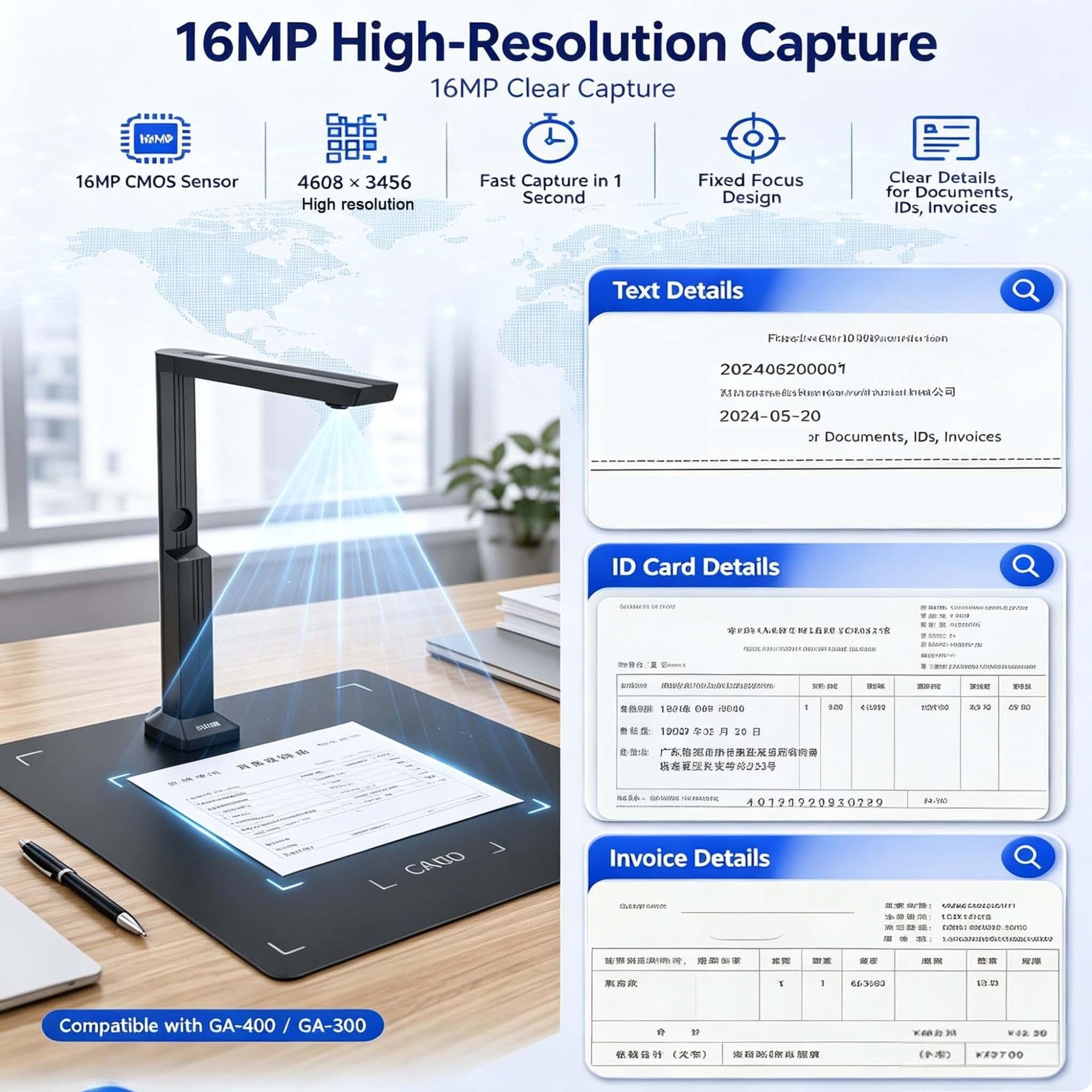 Ultra 16MP Pro portatile Compact Scanner di Documenti, USB 6 LED