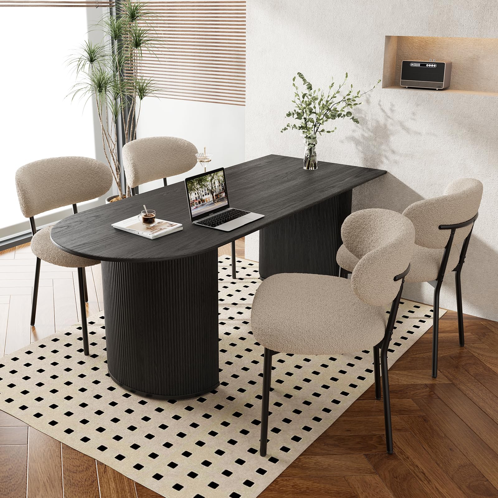 MALOL Dining Chairs Set of 4, Boucle Chairs for Dining Room with Metal Legs & Curved Backrest & Thick Cushion, Upholstered Teddy Fabric Sherpa Kitchen Chair with Anti-Slip Pads, Camel