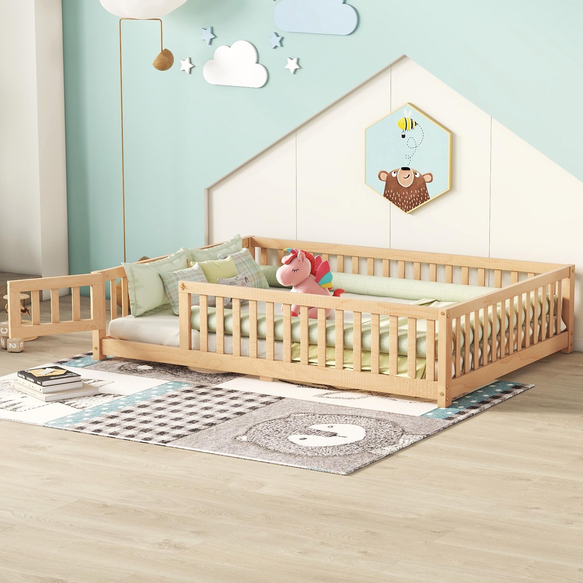 Bellemave Full Size Montessori Floor Bed with Slats, Full Size Floor Bed with Door and Fence, Easy Assemble Montessori Beds for Kids, Girls, Boys, Natural