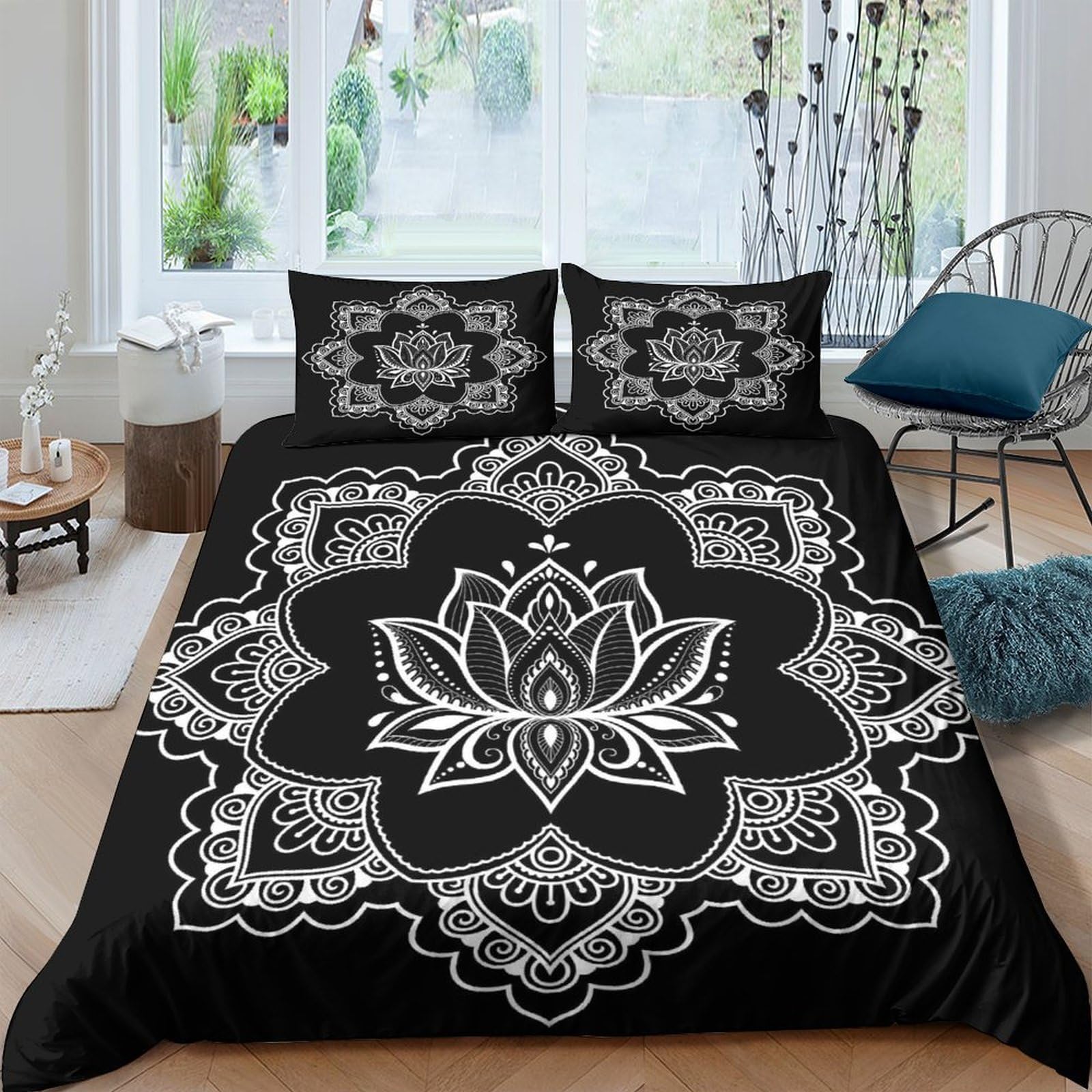 Ctjqhvkz Style-7 3D Printed Black Lotus Mandala Fitted Sheet Microfiber Soft Anti-Slip Boho Bed Cover For Bedroom Guestroom Decor Single（135X200cm）