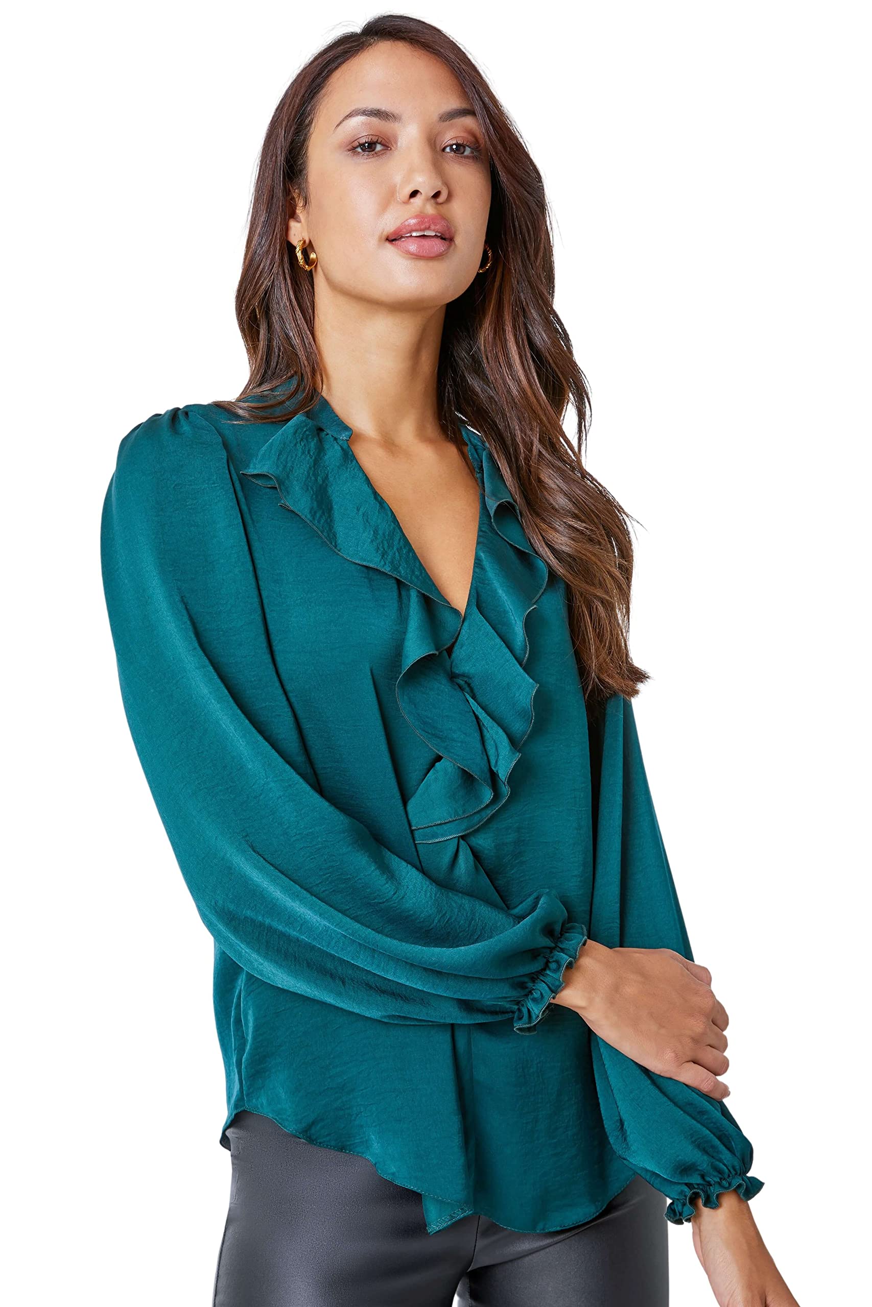 Roman Women's Satin Ruffle Neck Blouse in Green | Size: 20