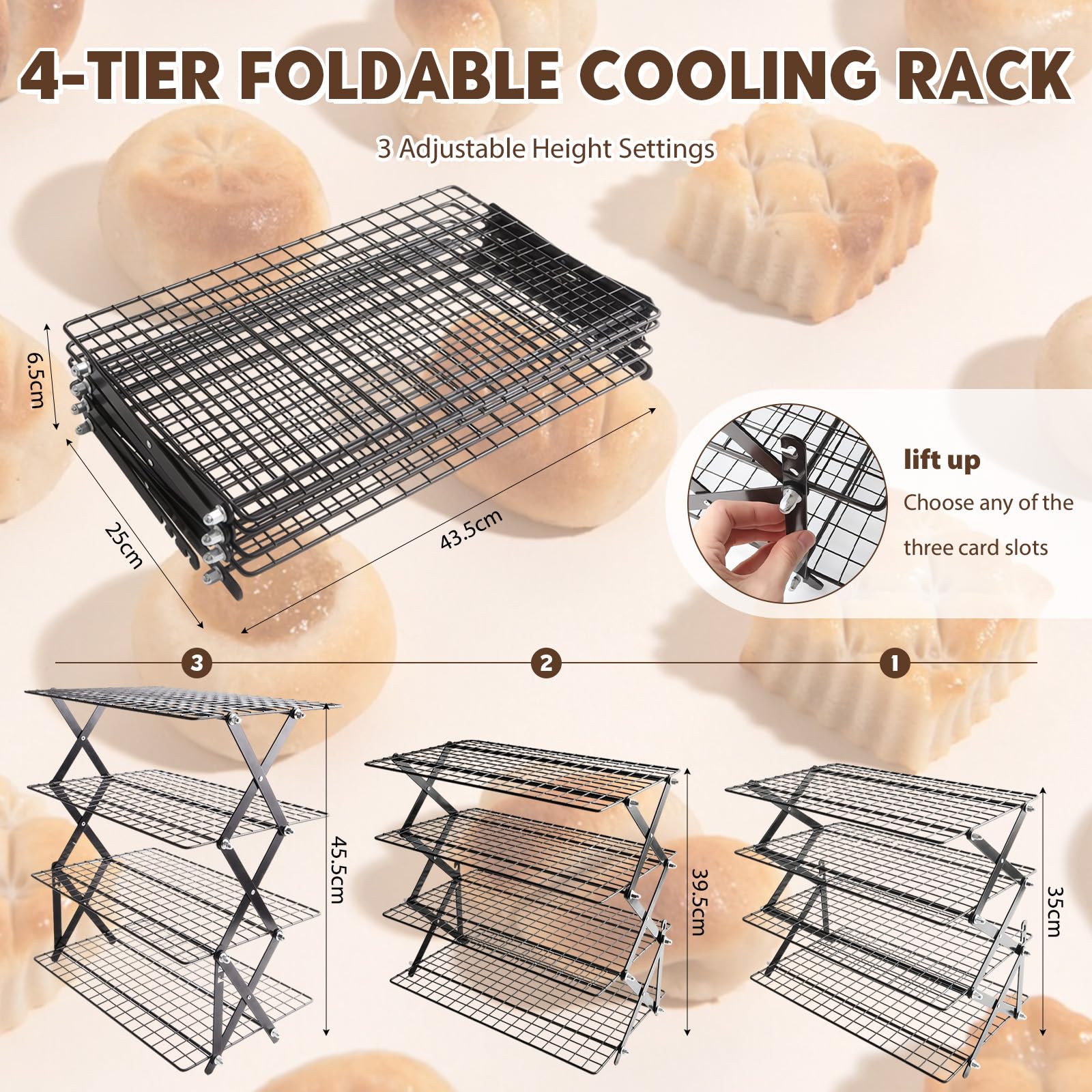 Rejilla de enfriamiento apilable de 4 niveles, rejilla de enfriamiento para tartas, plegable, rejilla para hornear con protección contra fugas, parrilla ajustable de acero inoxidable para