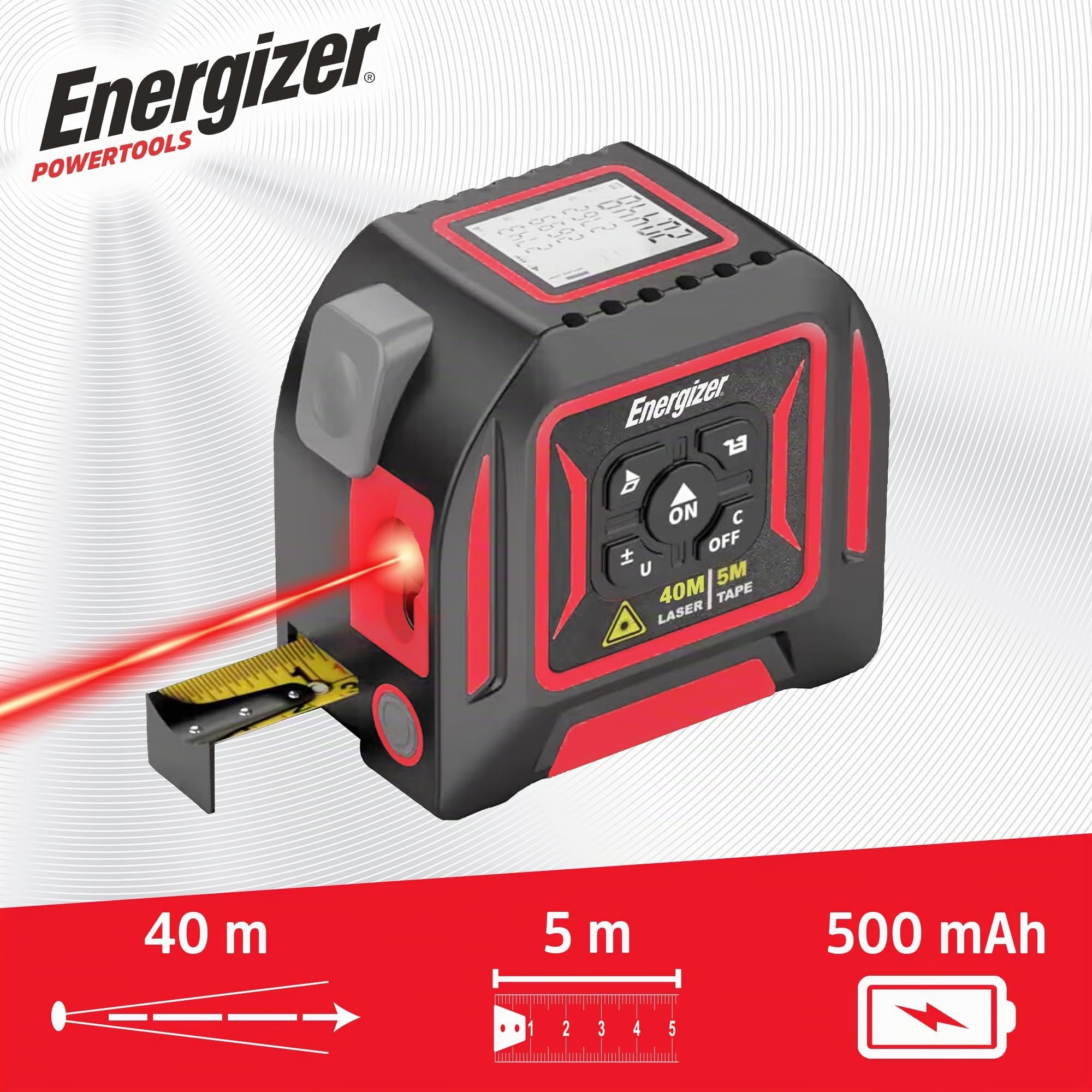 Energizer – Telémetro láser 2 en 1, medidor láser de 40 m y Cinta métrica de 5 m, Pantalla LCD, Recargable USB-C, medidor de Cinta láser Digital medidor de Volumen – batería de Larga duración