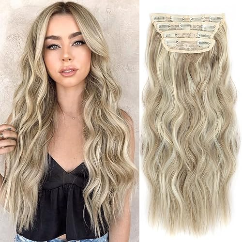 24in Clip In Hair Extensions Blonde For Women Synthetic Clip in Long Wavy Hair Extension Double Weft Hairpieces Full Head For Women (24INCH, 18H613)