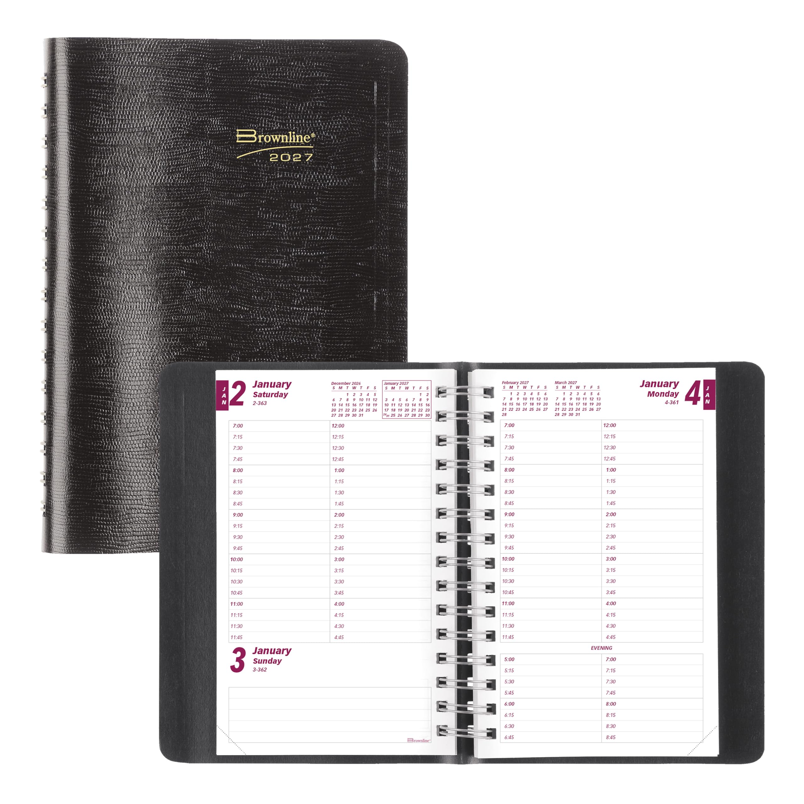 Brownline® CB800.BLK - Agenda giornaliera 2027, 12 mesi, da gennaio a dicembre, rilegatura a doppio filo, 20,3 x 12,7 cm, nero