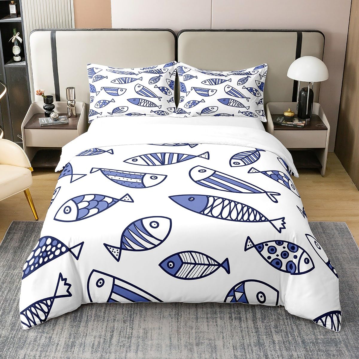 Fish 100% Cotton Duvet Cover King,Ocean Life Bedding for Kids Child Boys,Hand Drawn Cartoon Fish Comforter Cover,Fishing and Hunting Quilt Cover,Sea Animals Bedspread Cover,Blue White 3Pcs — image 1