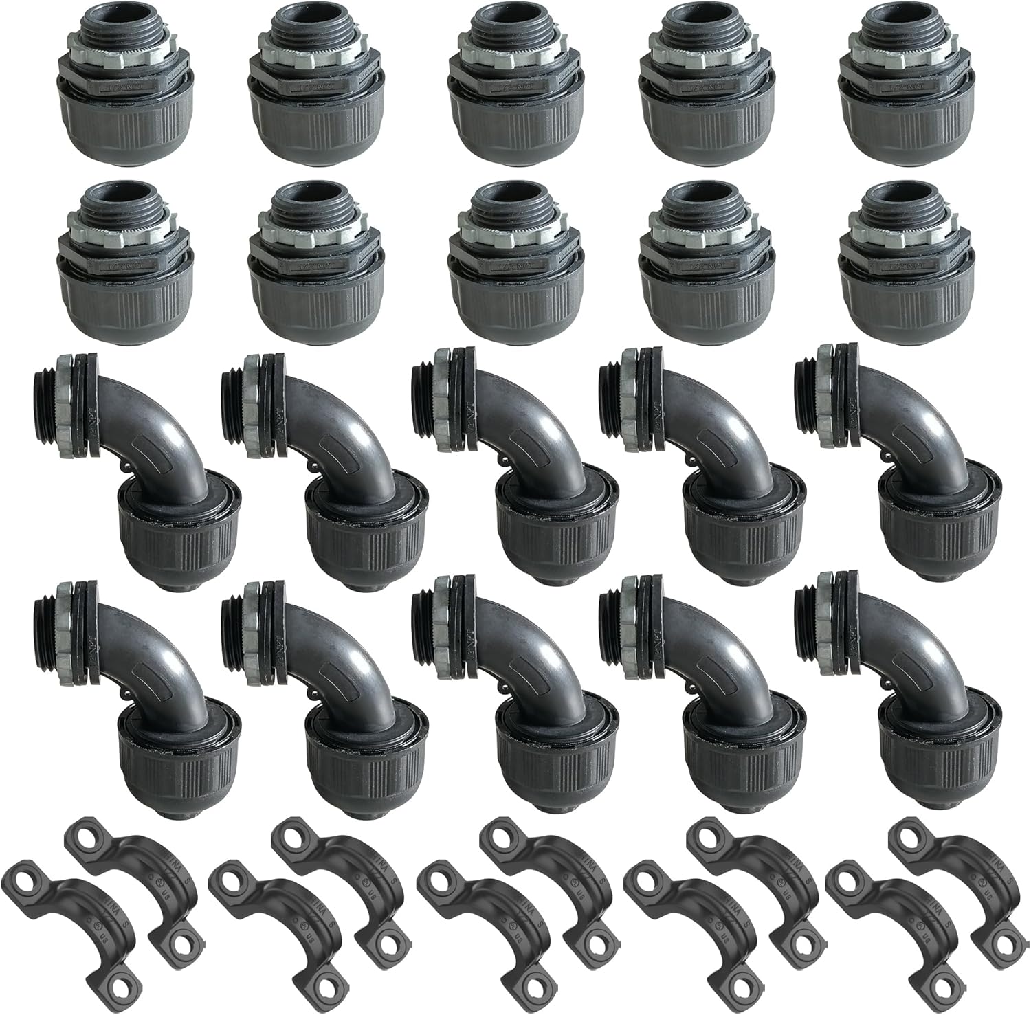 (1/2" Conduit Parts 30 Pack) Yariwiz 1/2 Black Special Extra Flexible Plastic Liquid Tight Conduit Connector Kit, Include 10 Conduit Couplings, 10 Conduit 90 Degree Elbows, 10 Conduit Strap