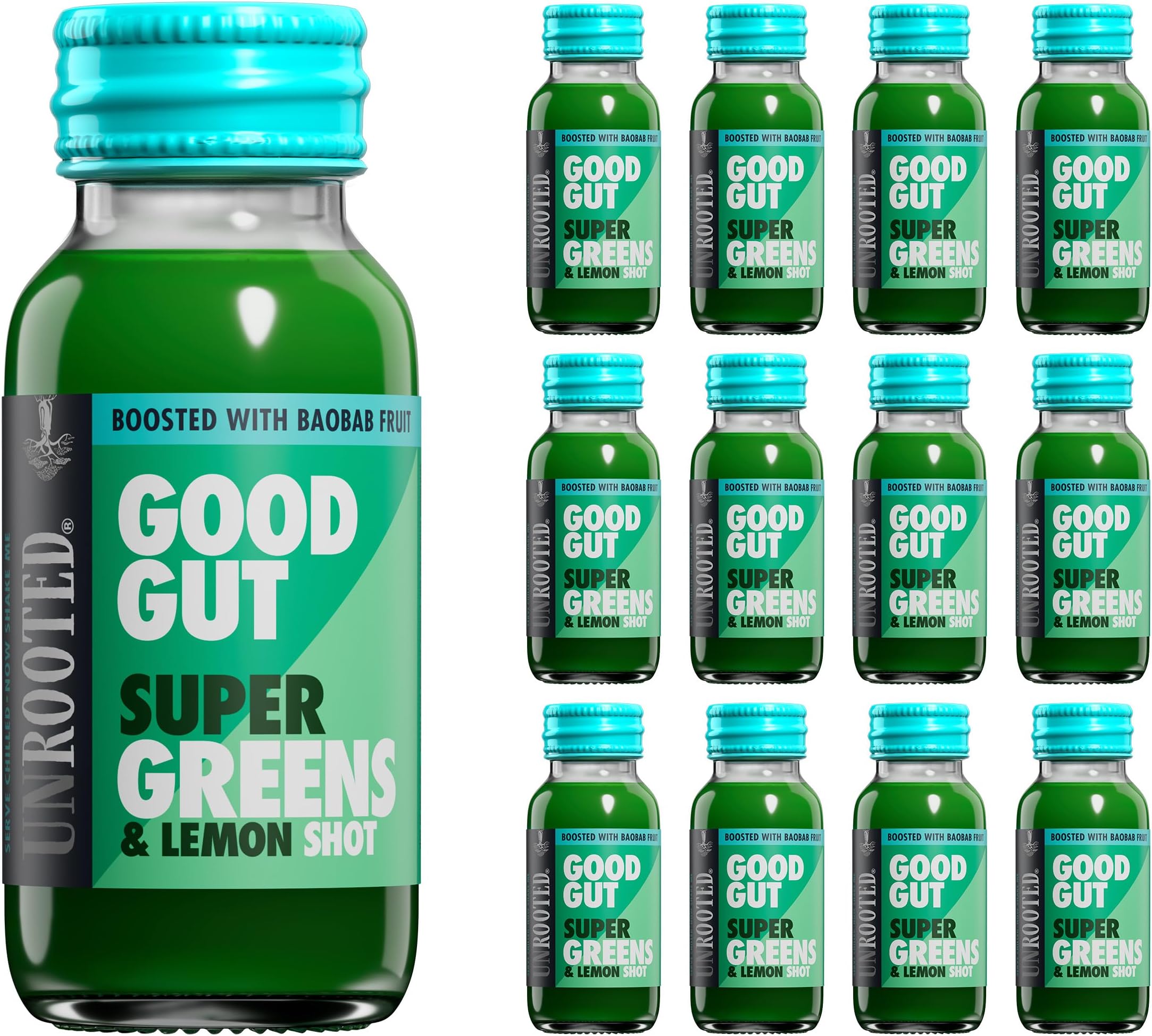 GOOD GUT Super Greens, Lemon & Baobab Health Shots - For Good Gut Health, High in Fibre, Made with Spinach, Lemon, Kale, Supports Detox and Digestion, Daily Shot Multipack 12 x 60ml Bottles