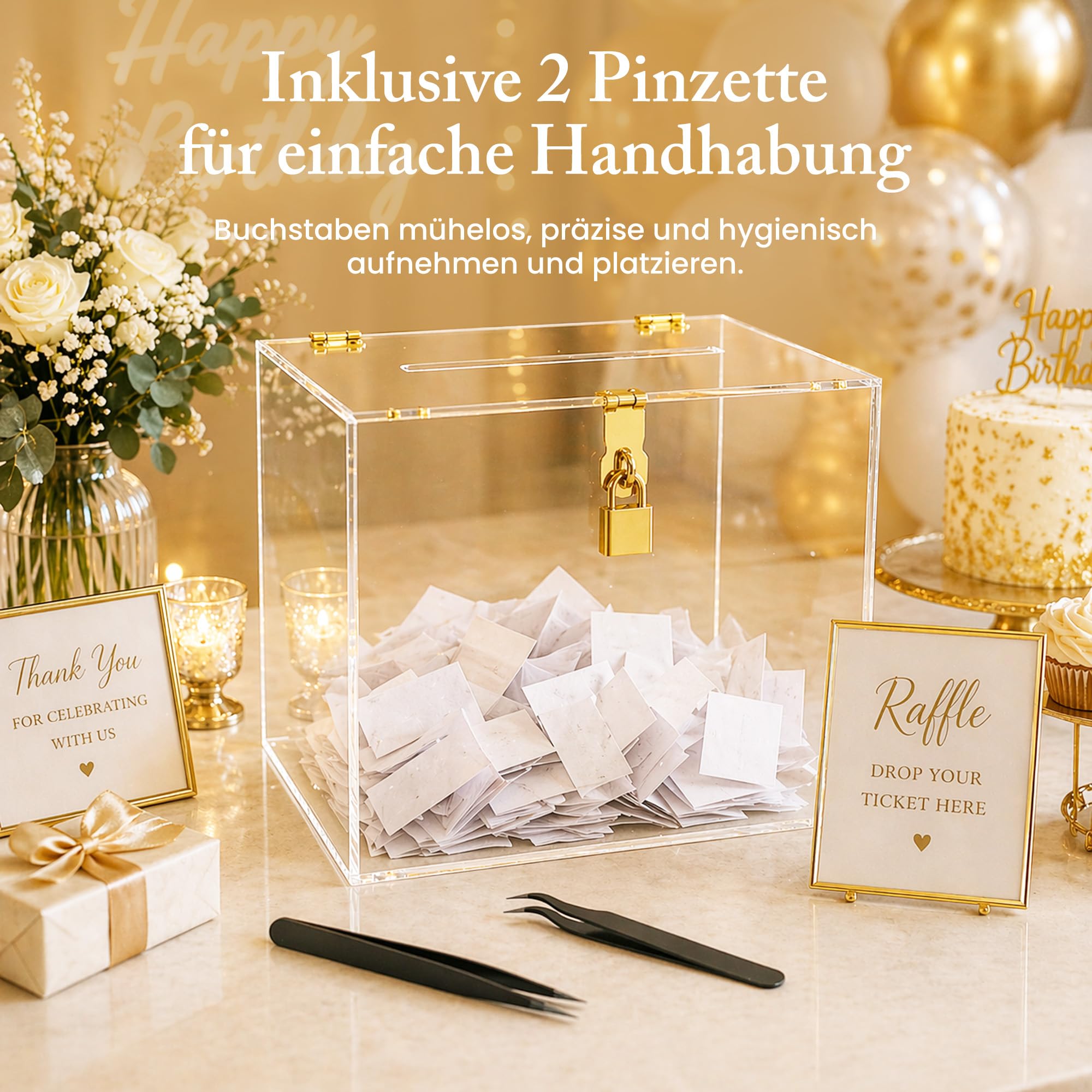StarK Kartenbox Hochzeit – Elegante Acrylbox mit Schloss | Personalisierbar mit goldenen Buchstabenstickern inkl. Pinzette | Für Karten & Geldgeschenke, Geschenkbox Hochzeit
