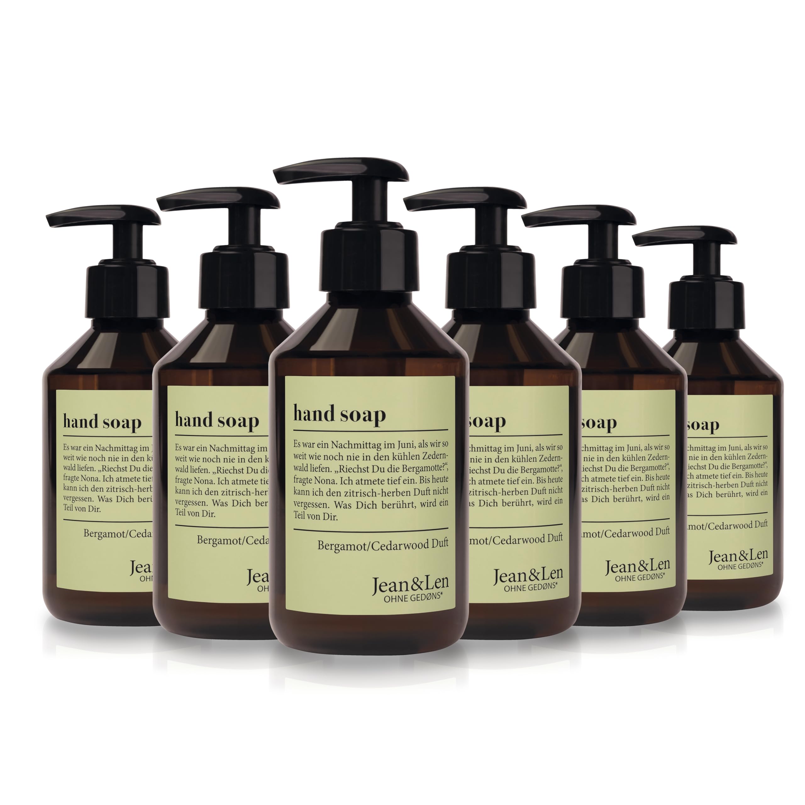 Jean & Len Lot de 6 savons pour les mains à la bergamote et au bois de cèdre - Nettoie les mains sollicitées - Convient pour un usage quotidien - Savon liquide dans un distributeur à pompe - Parfum