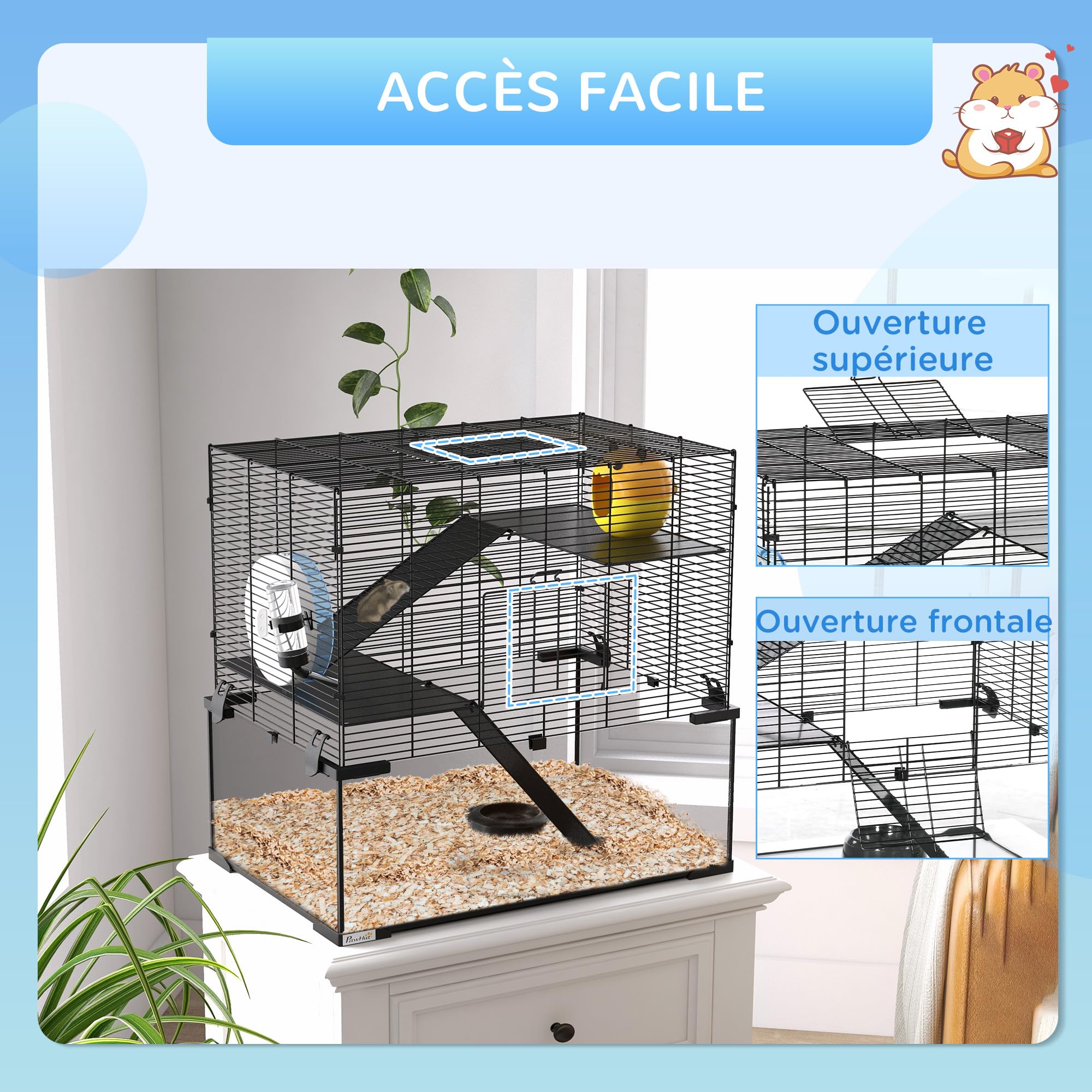 PawHut Cage Hamster 3 Niveaux avec Roue, Rampes, Maisonnette, Abreuvoir, Mangeoire, 60L x 40l x 54,5H cm, Noir