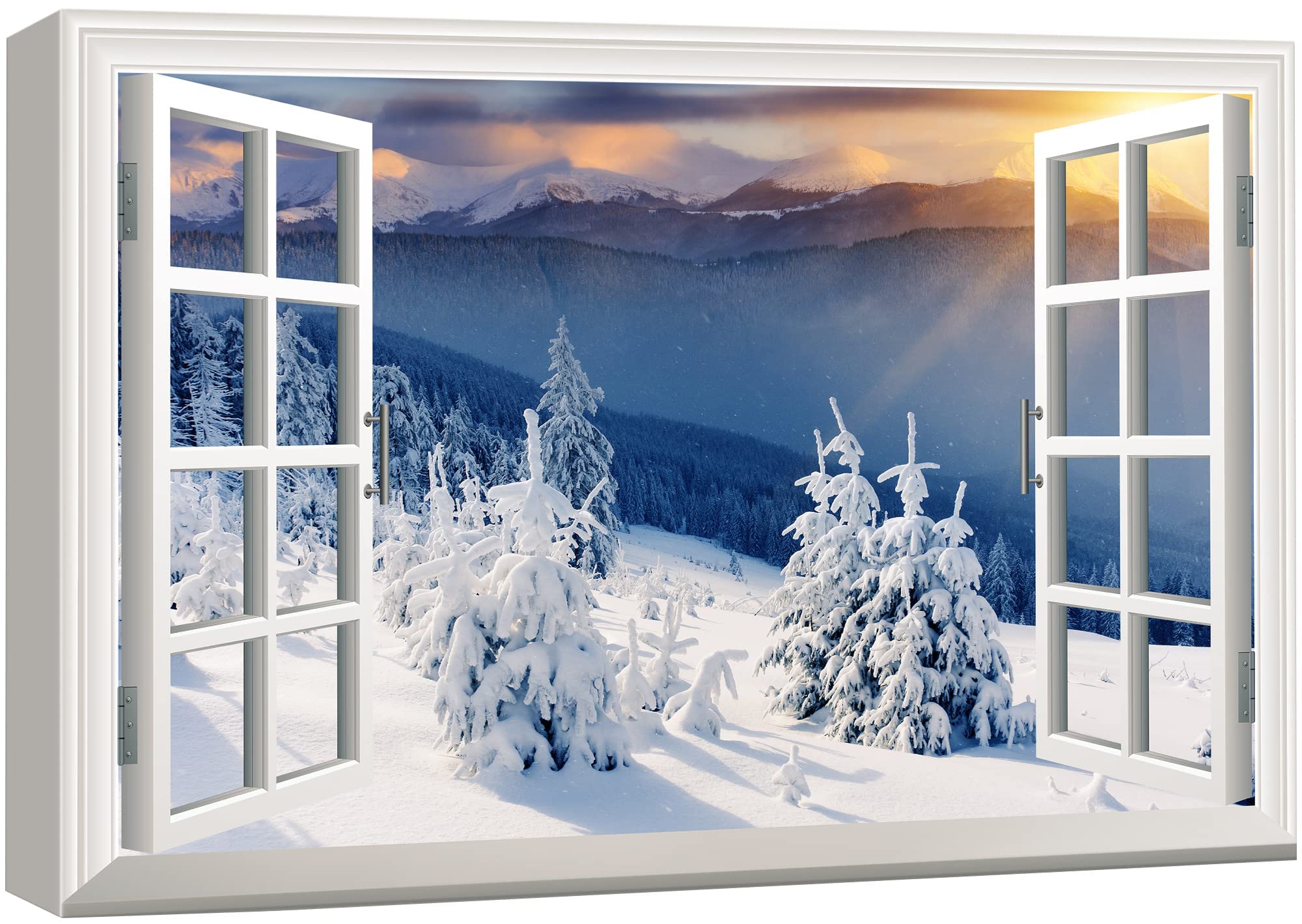 wall26 Canvas Print Wall Art Window View Snowy Pine Trees