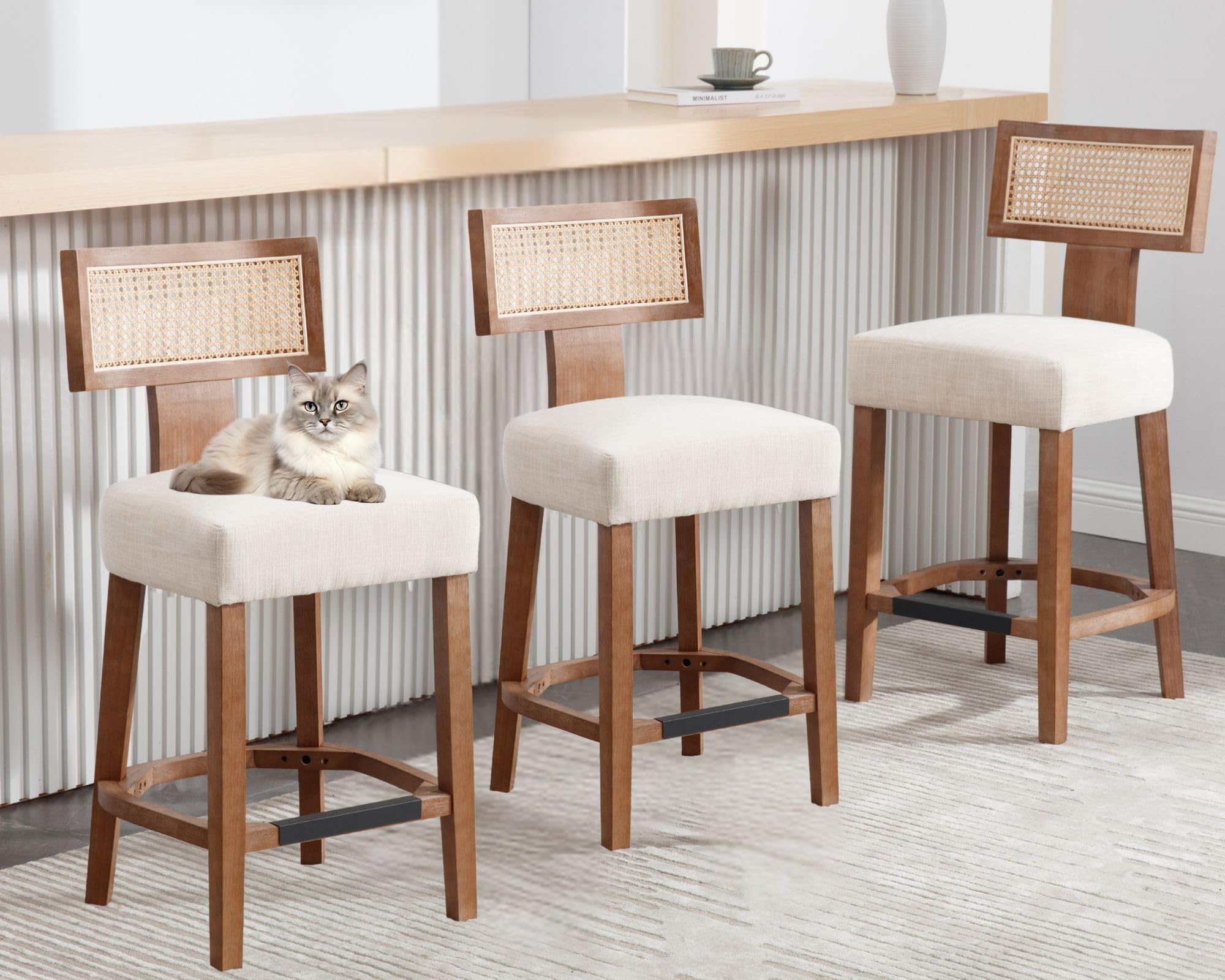 26’’ Rattan Barstools with Back Counter Height Bar Stools Set of 3, Modern Farmhouse Beige Linen Upholstered Wicker Counter Stools, Woven Boho Bar Height Stools with Natural Wood Frame