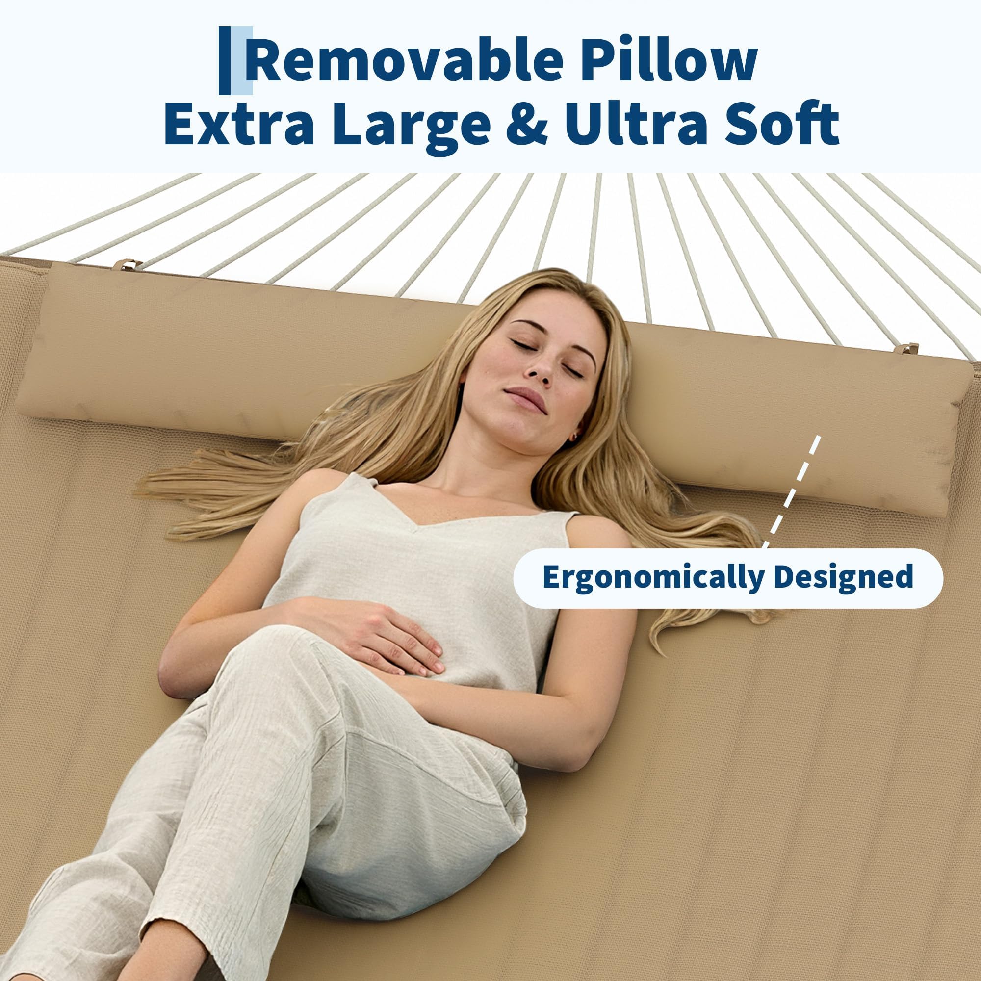 Garvee Hamaca Doble De Cuerda De Yute para Exteriores – Ergonómica con Cojín Extraíble y Resistencia Al Clima para Jardín, Patio o Playa – hasta 204 kg (Amarillo Marrón)