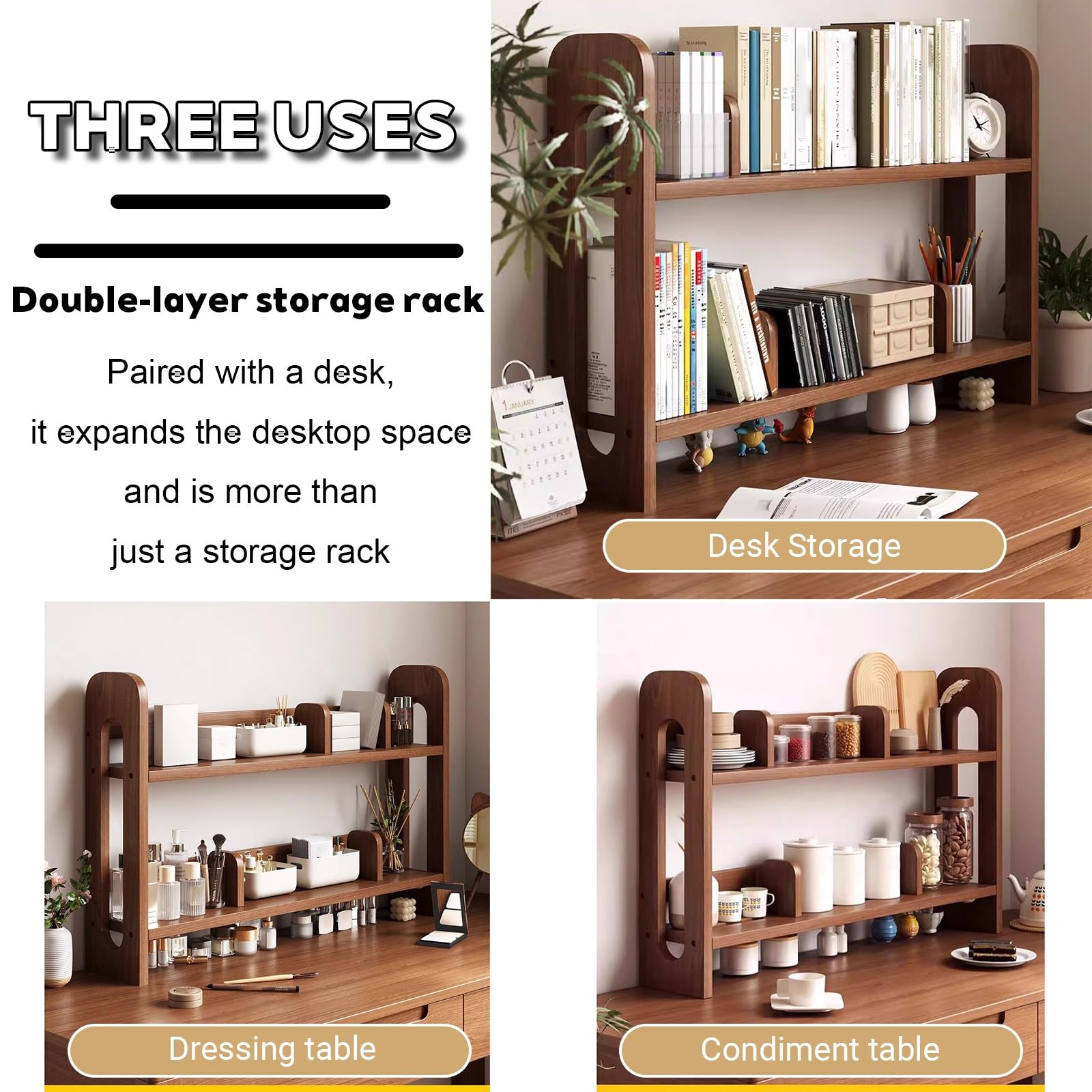 Scaffale Libreria Legno Regolabile,Dormitorio organizer per riporre oggetti Multistrato, Organizzatore Monitor,3 strati Scaffale Espositivo da Scrivania,Per Casa, Ufficio, Scuola, Studio