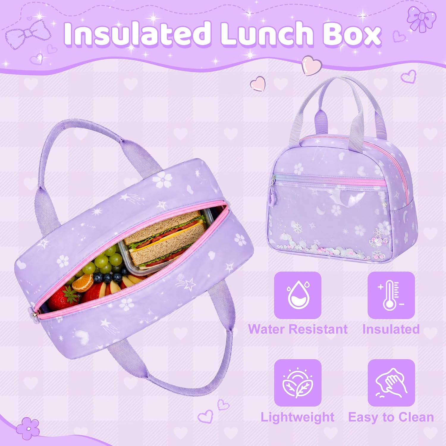 Girls Backpack with Lunch Box Set, 4 PCS Purple Kawaii School Bookbag image 5