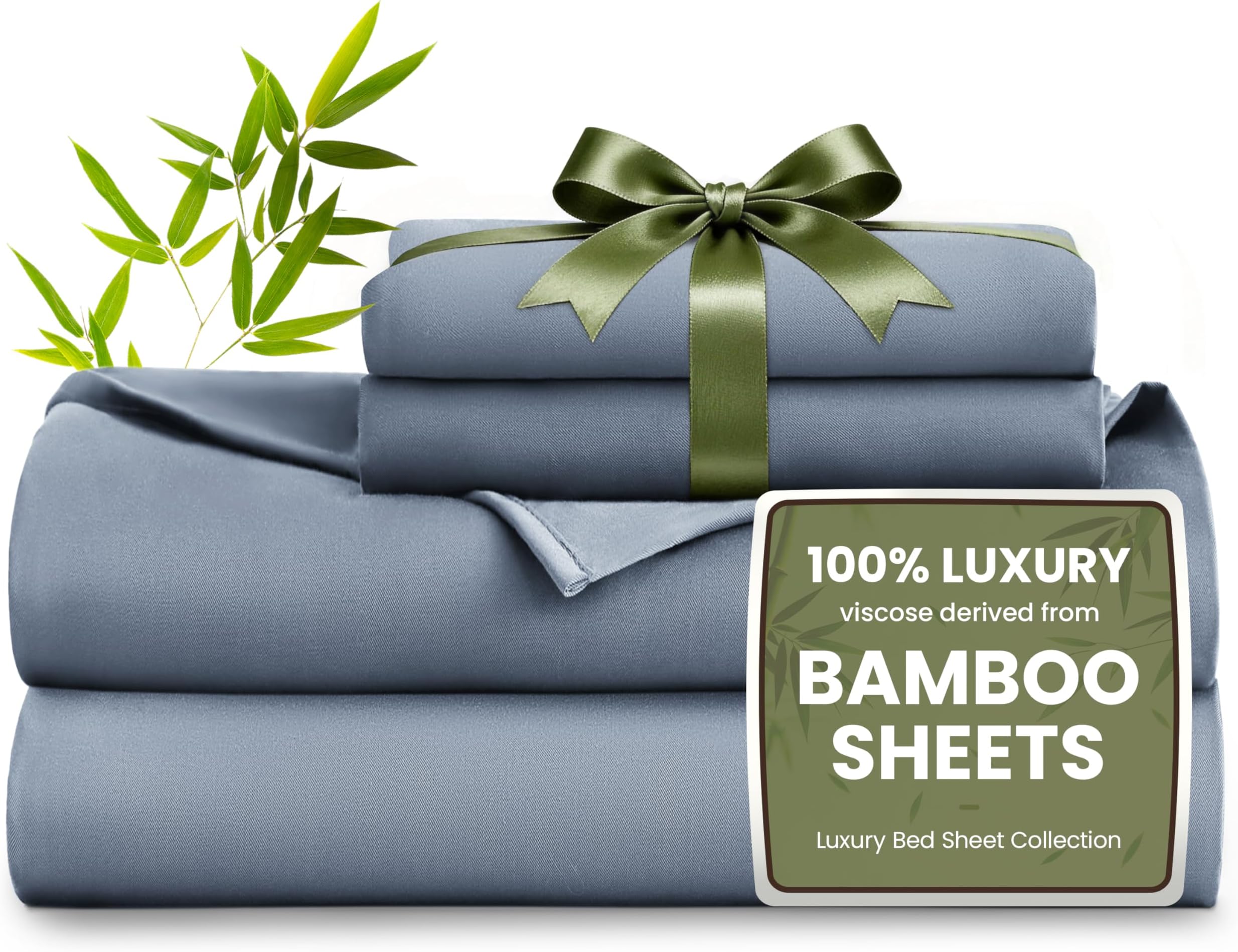 4 Piece Full Size Sheet Set, 100% Rayon Derived from Bamboo, Cooling & Breathable, Soft Silky Deep Pocket up to 16", Hotel Luxury Bedding for Hot Sleepers, Bluish Grey