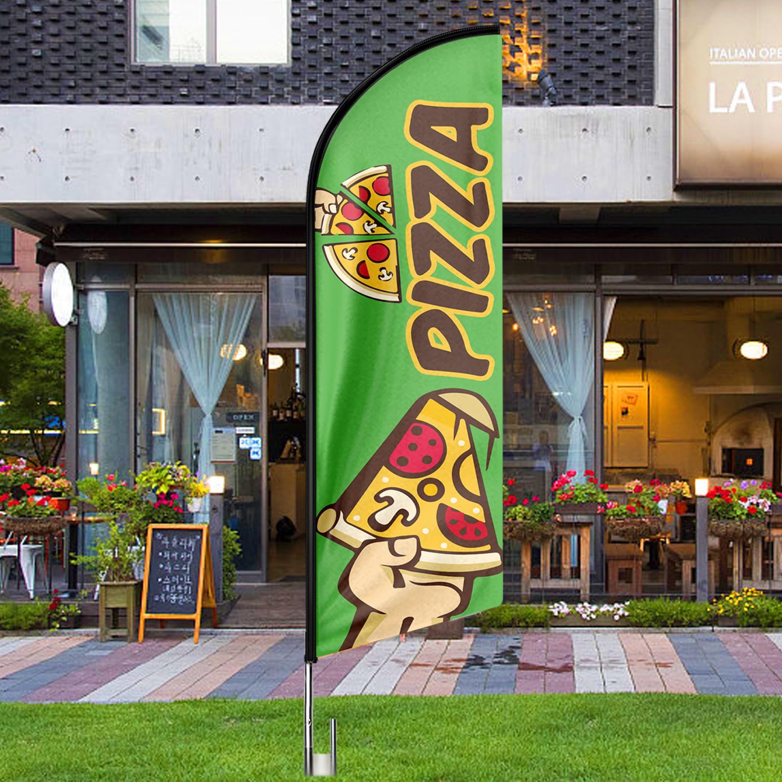 Bandiera pubblicitaria con pizza, 3,9 m, con kit di aste, picchetto, cartello con piume per aziende e vetrine (stile 1)