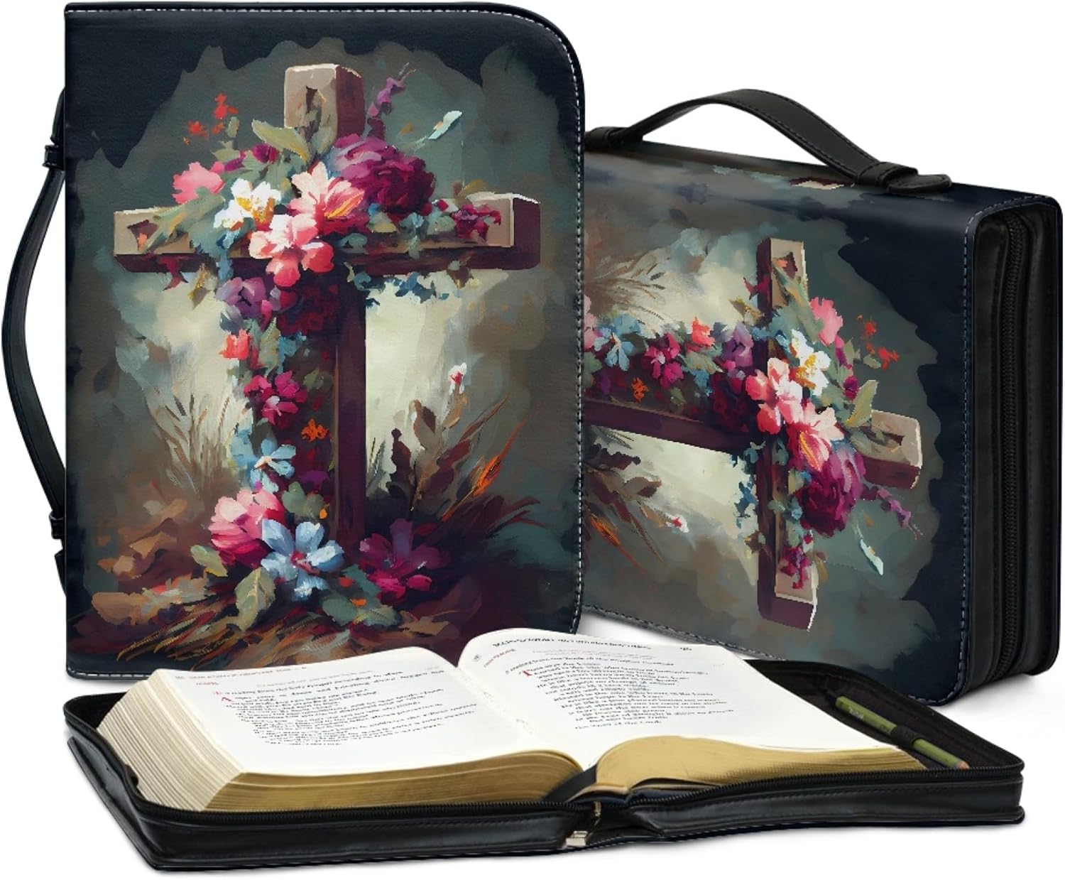 Bengbobar Oil Painting Jesus Cross Bible Cover Bible Case Waterproof Leather Book Cover Bible Study Organizer Tote Bag Bible Carrying Case with Handles Gift for Women Men Medium Size