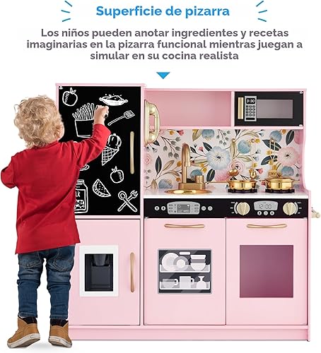 Miniatura 2 de Best Choice Products Juego de juguetes de madera para niños con diseño realista, teléfono, utensilios, horno, microondas, fregadero, rosa floral