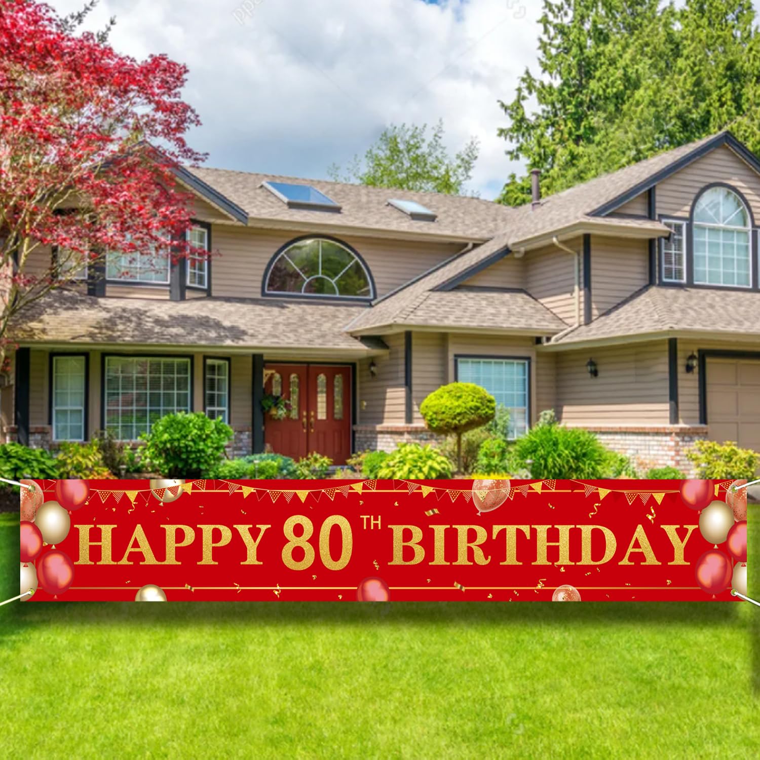 9.8x1.6FT Red Gold Happy 80th Birthday Yard Banner,Red Birthday Backdrop Porch Sign, Large Red Birthday Yard Sign Banner,Birthday Party Supplies Photo