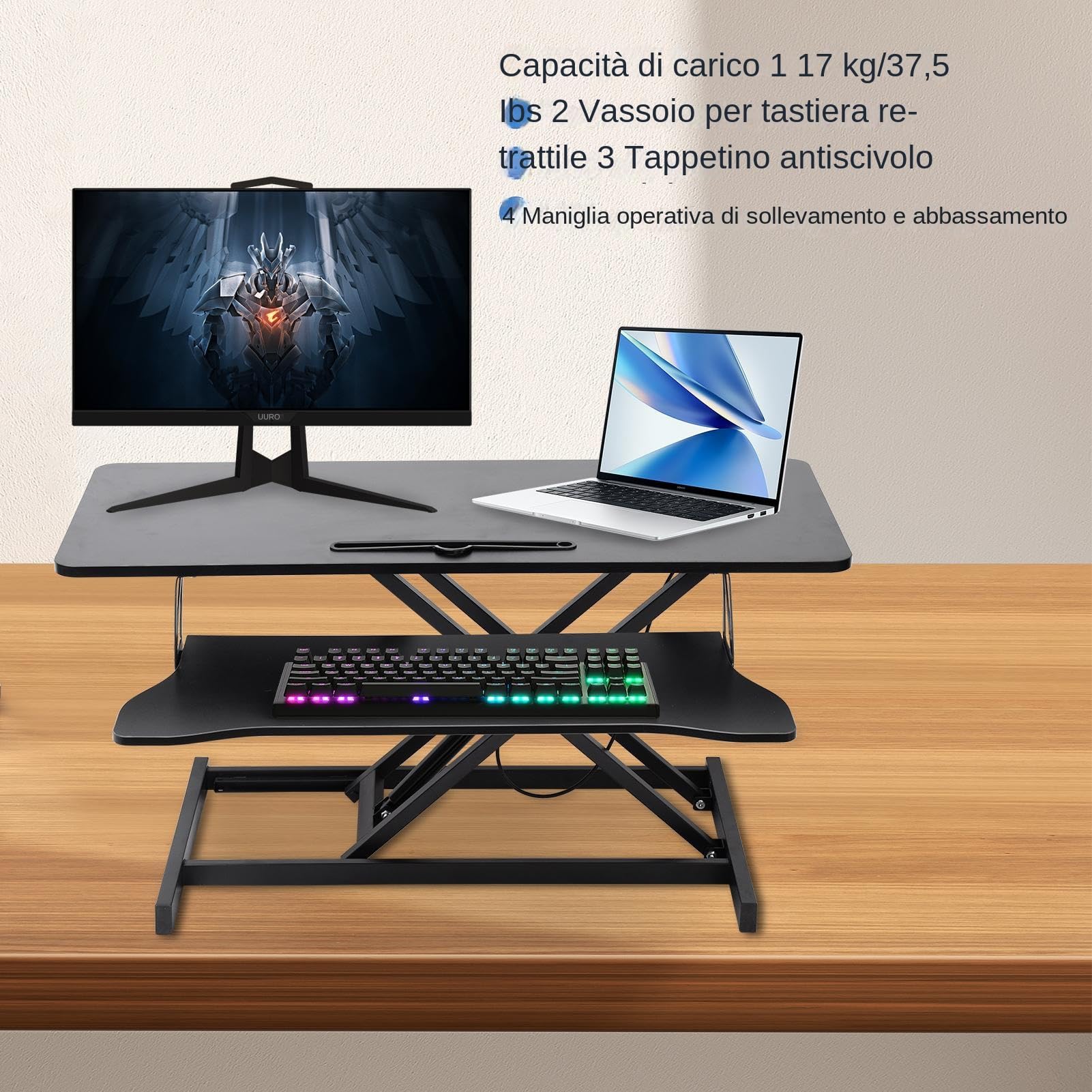 Generico Convertitore da scrivania da 38", altezza regolabile, postazione di lavoro per 2 monitor e laptop con ampio vassoio per tastiera, postazione di lavoro per ufficio in piedi, nero