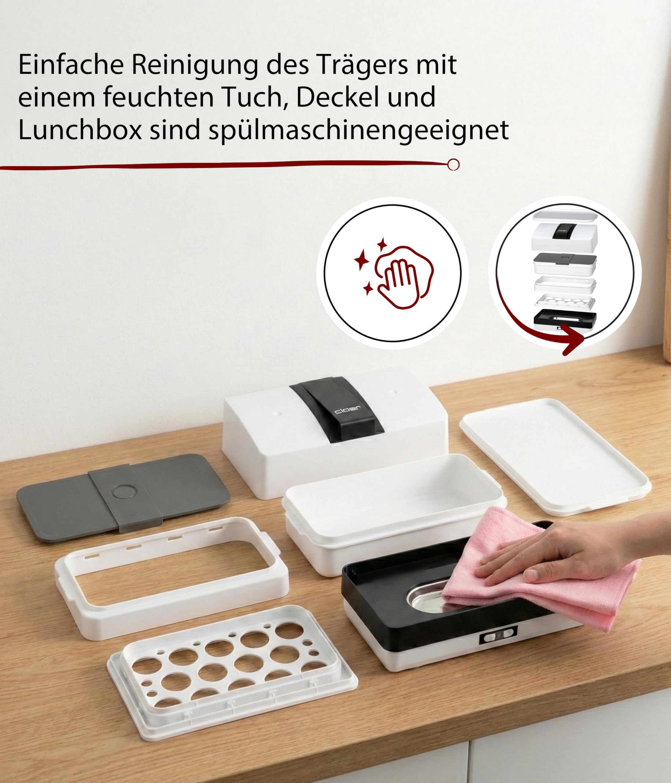 Cloer 800MBX Menübox elektrische Lunchbox zum Aufwärmen von Speisen-inkl 1,2 l, Tablett und Messbecher herausnehmbarer Träger Edelstahlkochplatte, kombinierbar Lunchbox-Sets, Weiß, 1,2 Liter