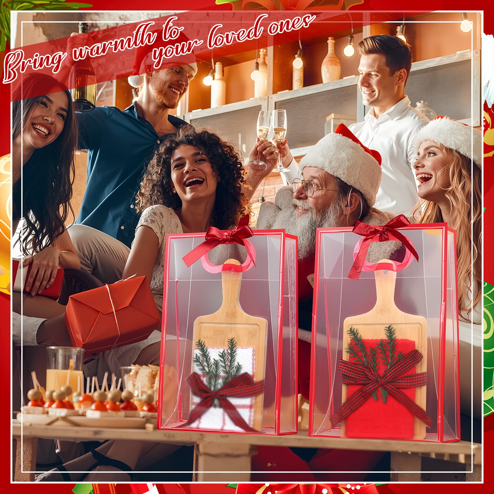 Suclain Käsebrett-Geschenk-Set für Damen, Weihnachtsgeschenk, Bambus-Käsebrett mit Geschenktüten, Waffelmuster, kariertes Band, Weihnachtsgeschenke für Festival, Brautparty, 4-teiliges Set, 21-teilig