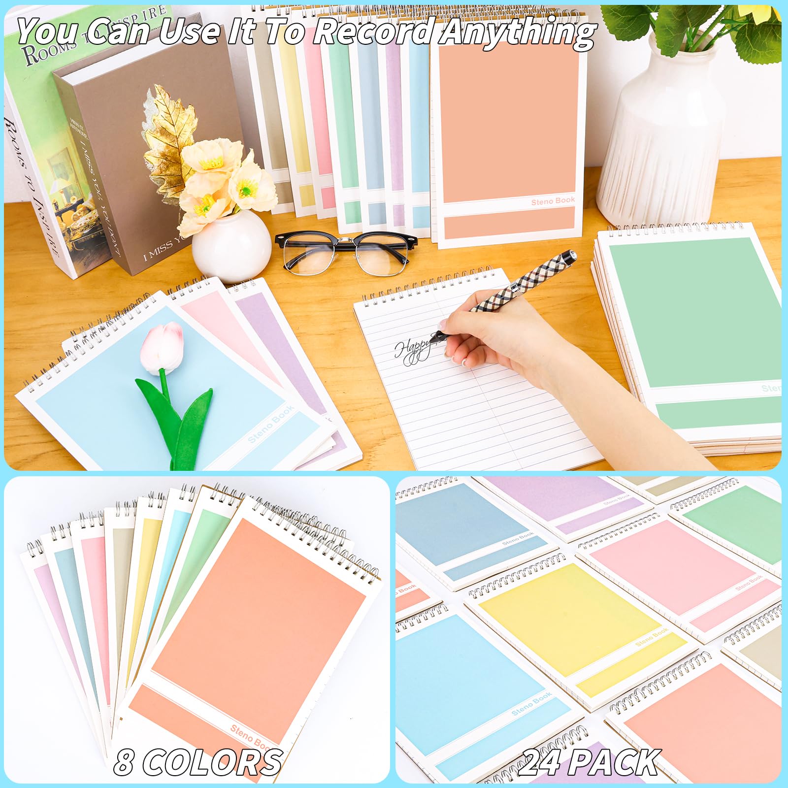 Lot de 24 carnets Steno de 15,2 x 22,9 cm avec dessus à spirale en vrac, 8 couleurs assorties, 60 feuilles de papier à lettre Gregg Rule pour étudiants, enseignants, hommes, femmes, professionnels