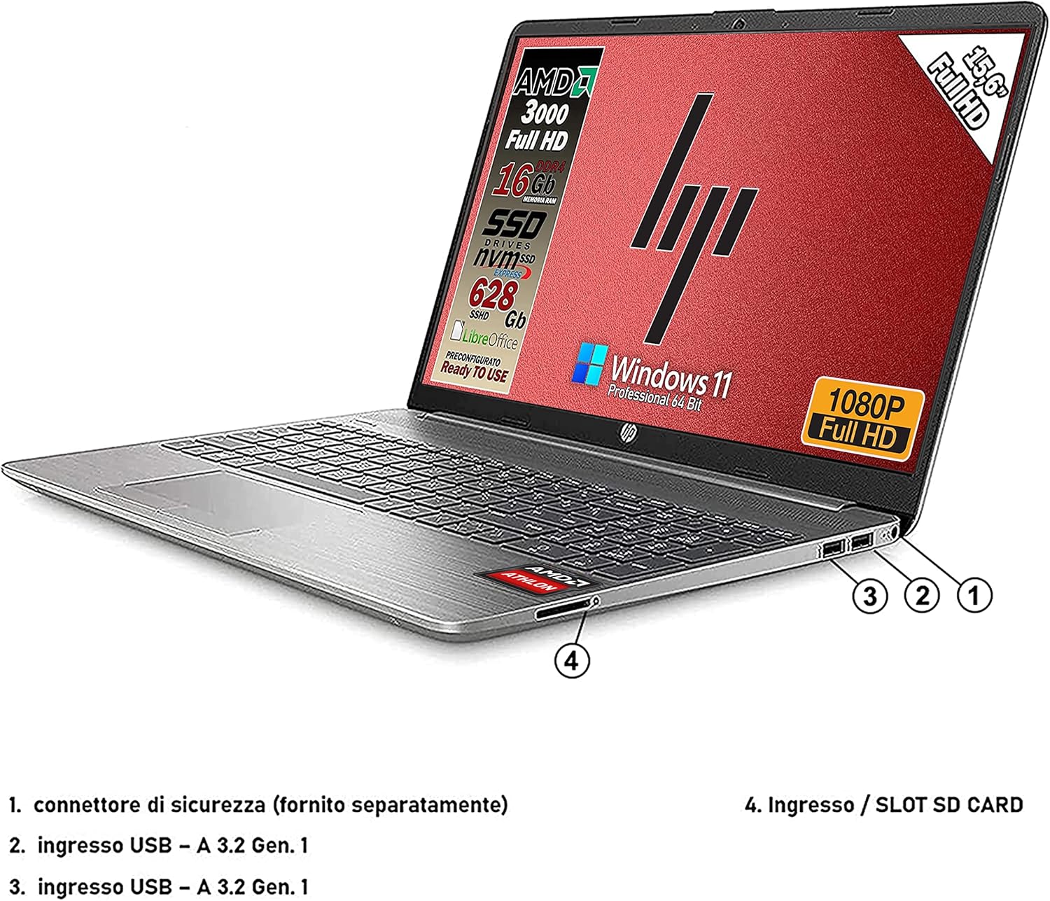 HP 255 G8 notebook portatile, ram 16 gb ddr4, sshd da 628 gb display fullhd 15.6, amd 3020, Wi-fi, 3 usb, Win 11 pro, libre office, pronto alluso HP 255 G8 notebook portatile, ram 16 gb ddr4, sshd da 628 gb display fullhd 15.6, amd 3020, Wi-fi, 3 usb, Win 11 pro, libre office, pronto alluso