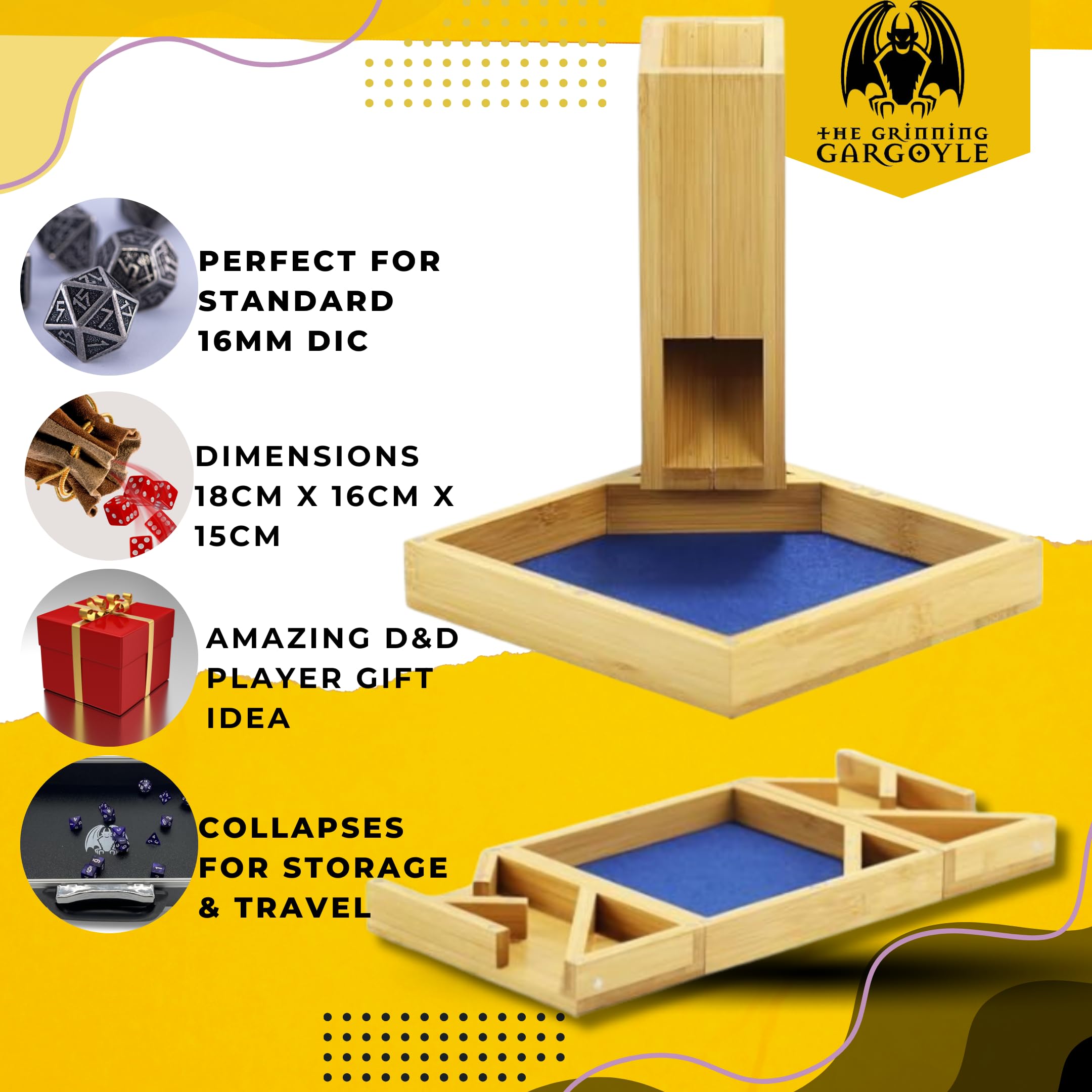 Grinning Gargoyle 18cm Bamboo DnD Dice Tower Collapsible, Portable Magnetic Wooden DND Accessory - Image 2
