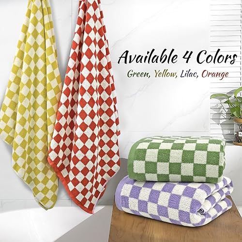 Miniatura 7 de Jacquotha Juego de 2 toallas de baño de lujo de 55 x 27.5 pulgadas, toalla de baño de algodón a cuadros verdes, toallas absorbentes de secado rápido